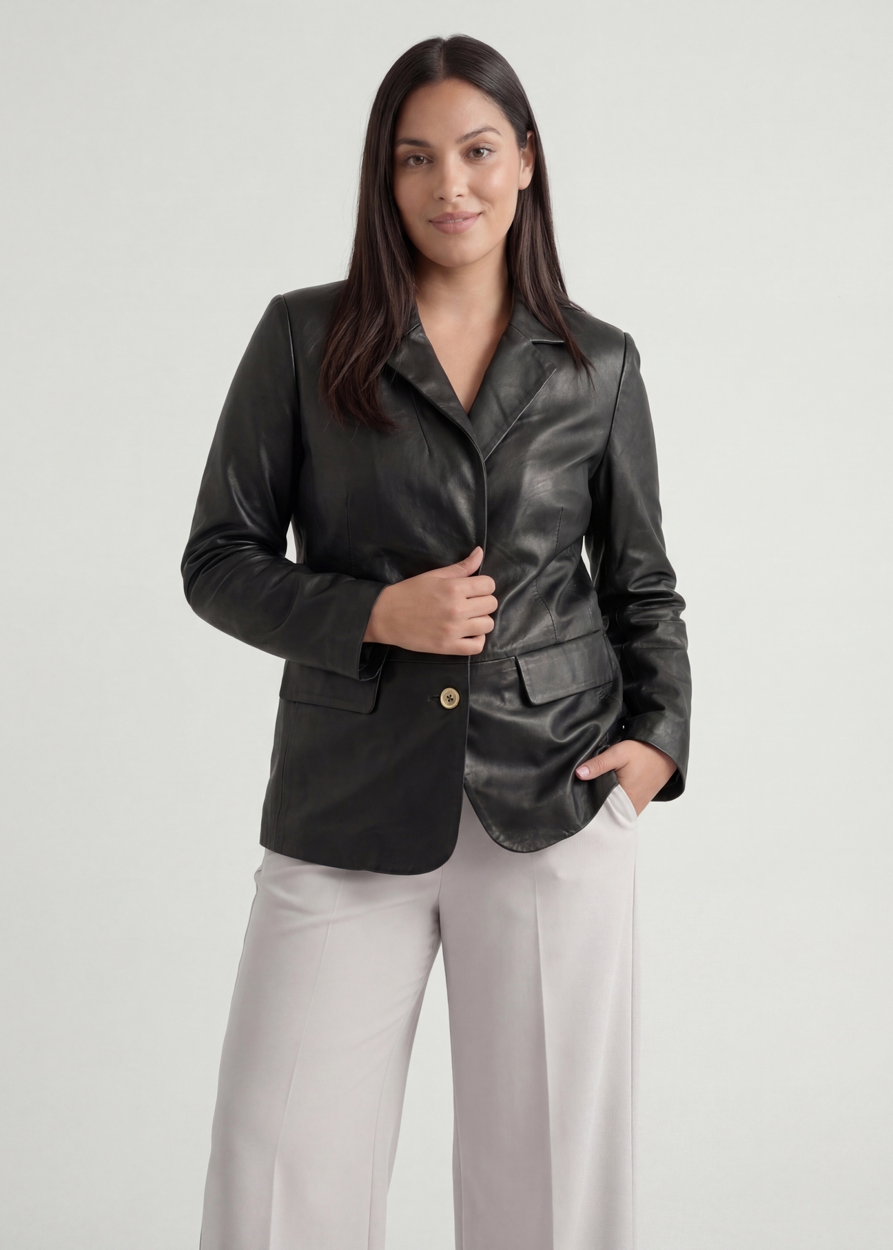 Women's black PLUS SIZE leather jacket KURDS-0645L-99(W26), product view from the front on the model, half of the silhouette visible.