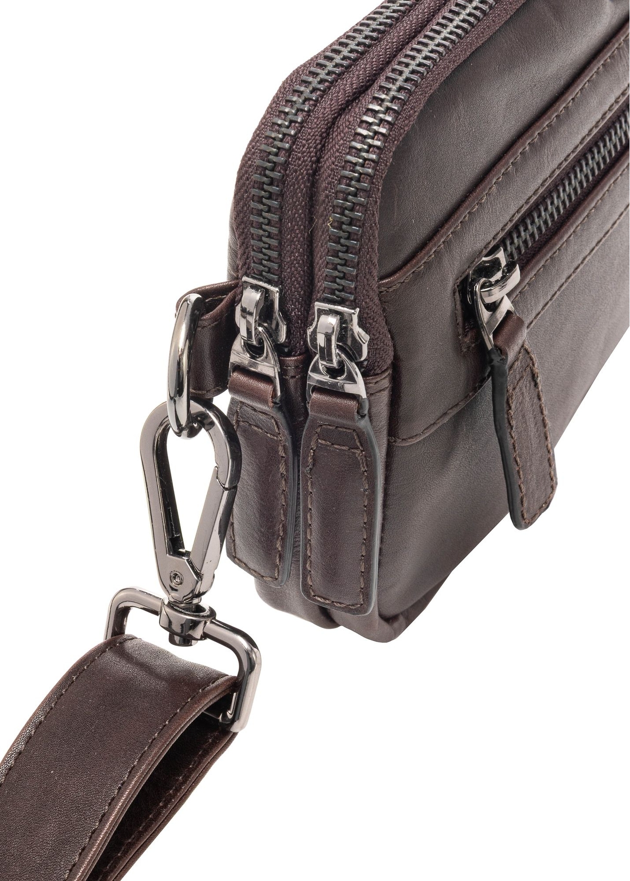 Brown men's leather waist bag TORMS-0462-1H(Z26), close-up of product detail, view on white background.