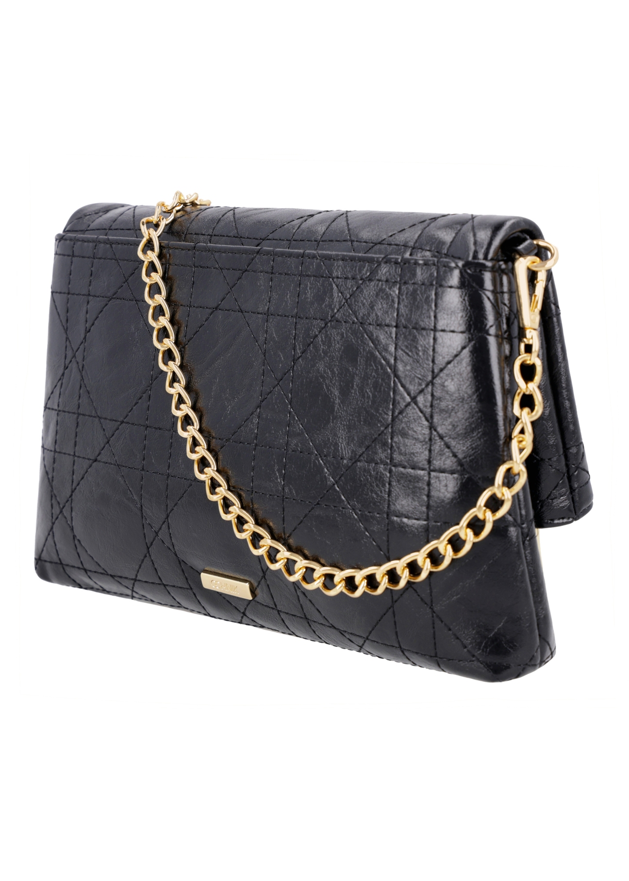 Black women's handbag with chain TOREC-1335-9F(Z26), diagonal product view on white background.