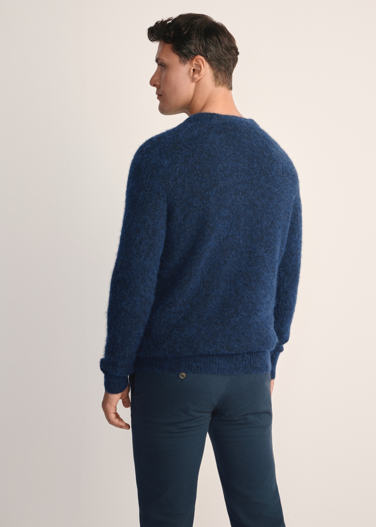Men's navy wool sweater SWEMT-0171-68(Z25), back view of the product on the model. Half of the silhouette visible.