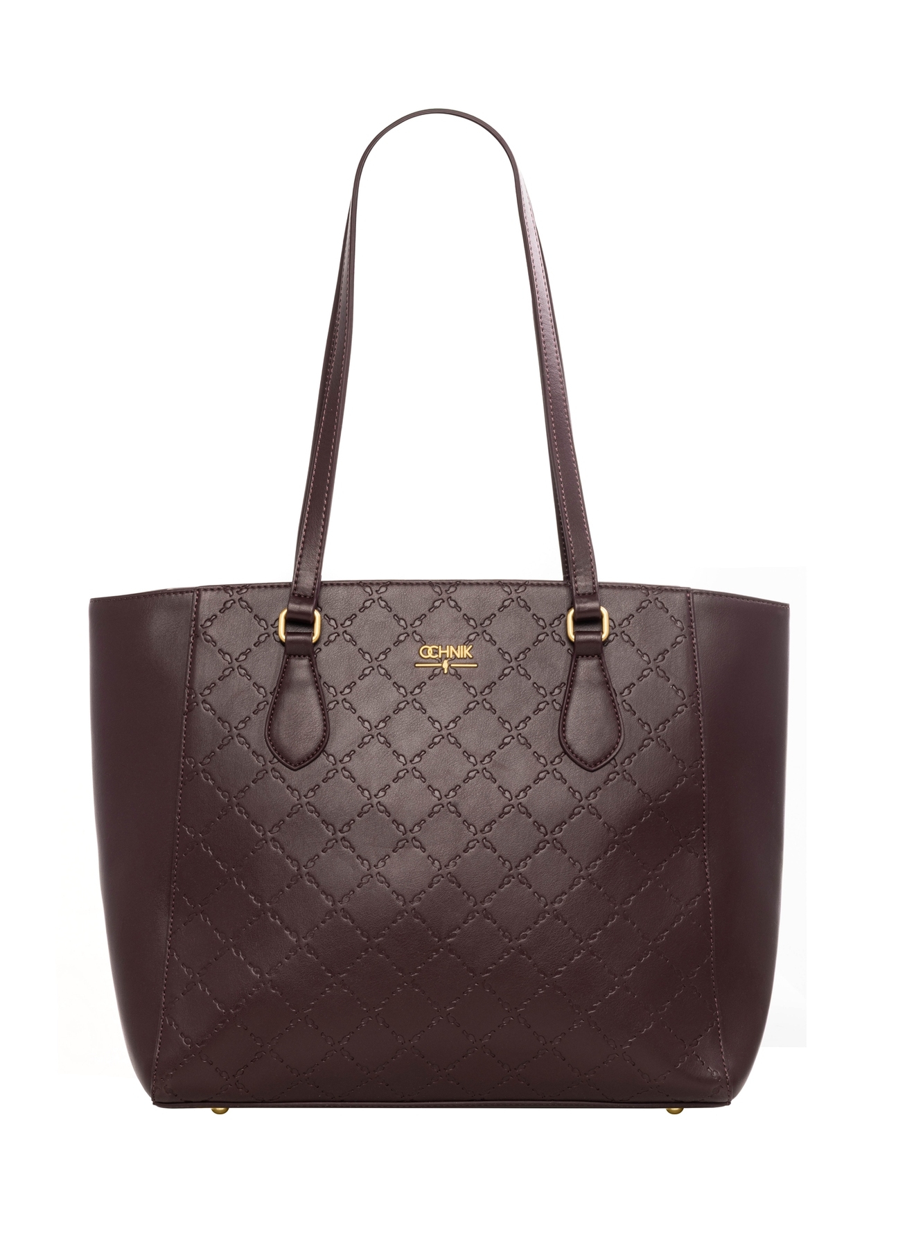 Burgundy women's shopper bag with monogram TOREC-1291-4P(Z26), product view from the front on a white background.