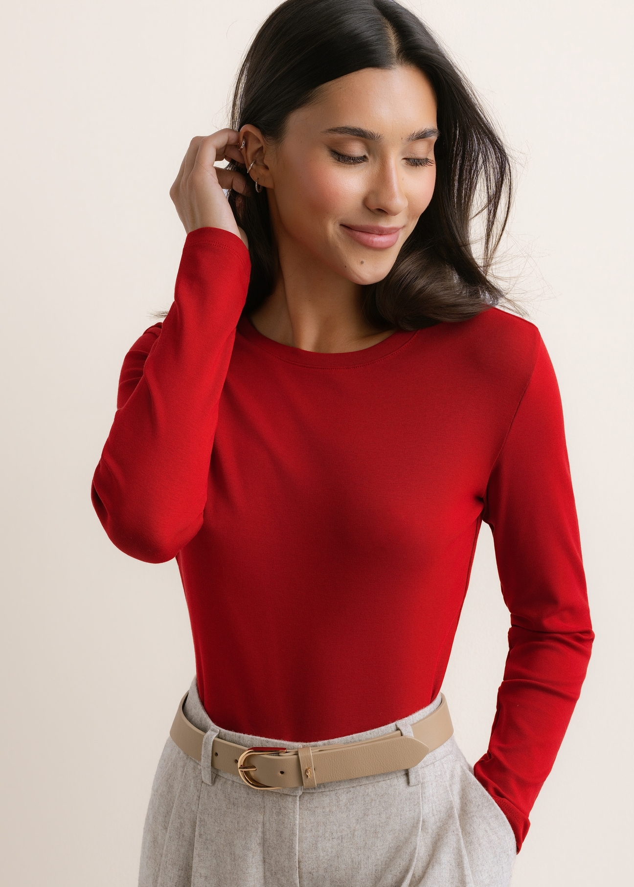 Red women's long-sleeved blouse LSLDT-0057-4B(Z26), front view on a model. Half-body shot.