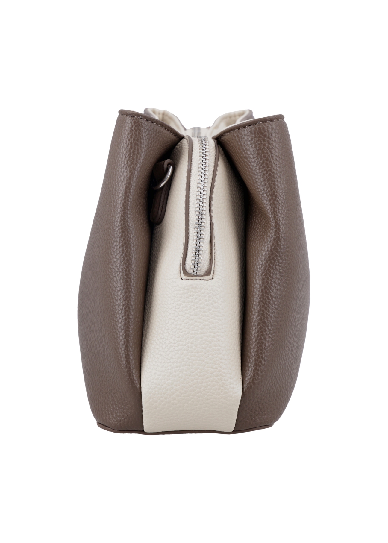 Women's handbag made of imitation leather in cool beige color TOREC-1261-1K(Z26), product view from the side on a white background.