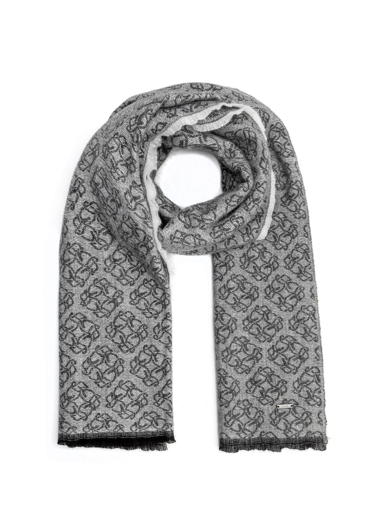 Large gray women's scarf with monogram SZADT-0130A-91(Z25), product view from the front on white.