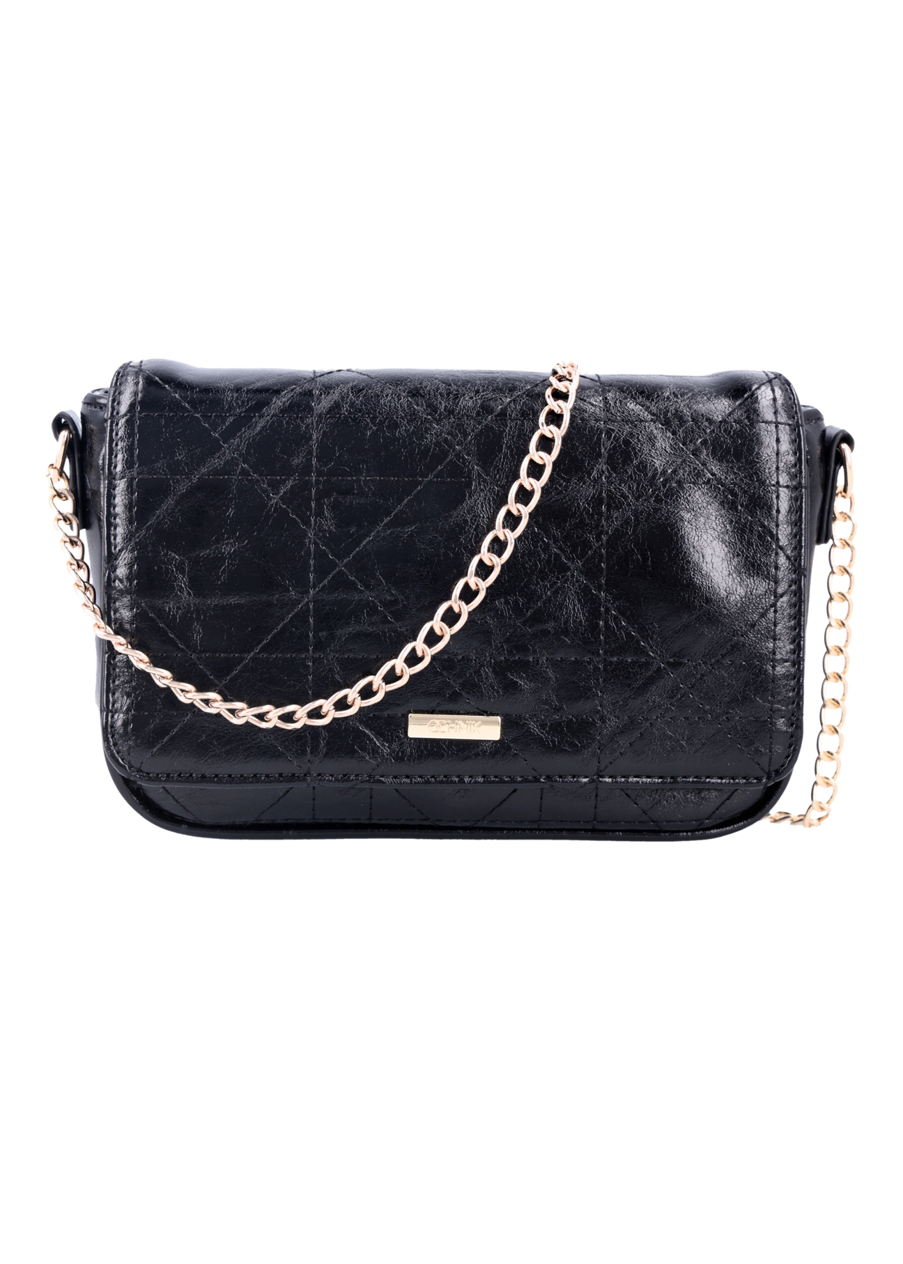 Black small glossy messenger bag TOREC-1254-9F(Z26), front product view on white background.