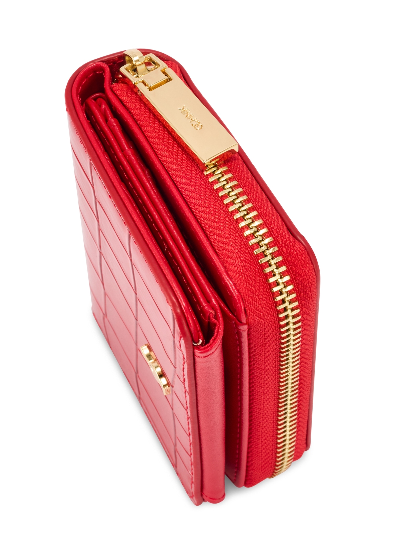Small red women's croco wallet POREC-0352 A-42(Z 25), close-up of the product detail, view on a white background.