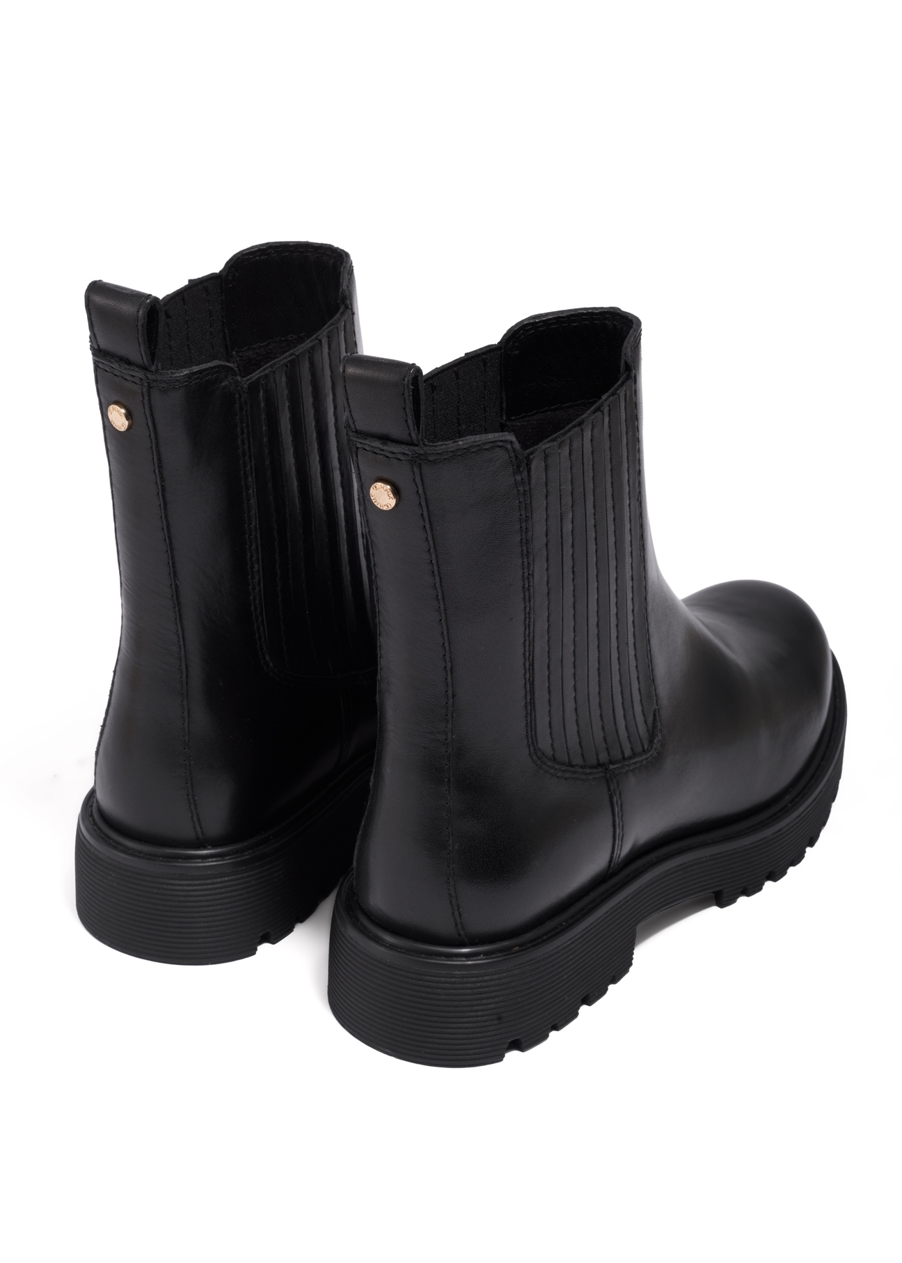 Women's black leather Chelsea boots BUTYD-1281-99(Z26), product view from the back on a white background.