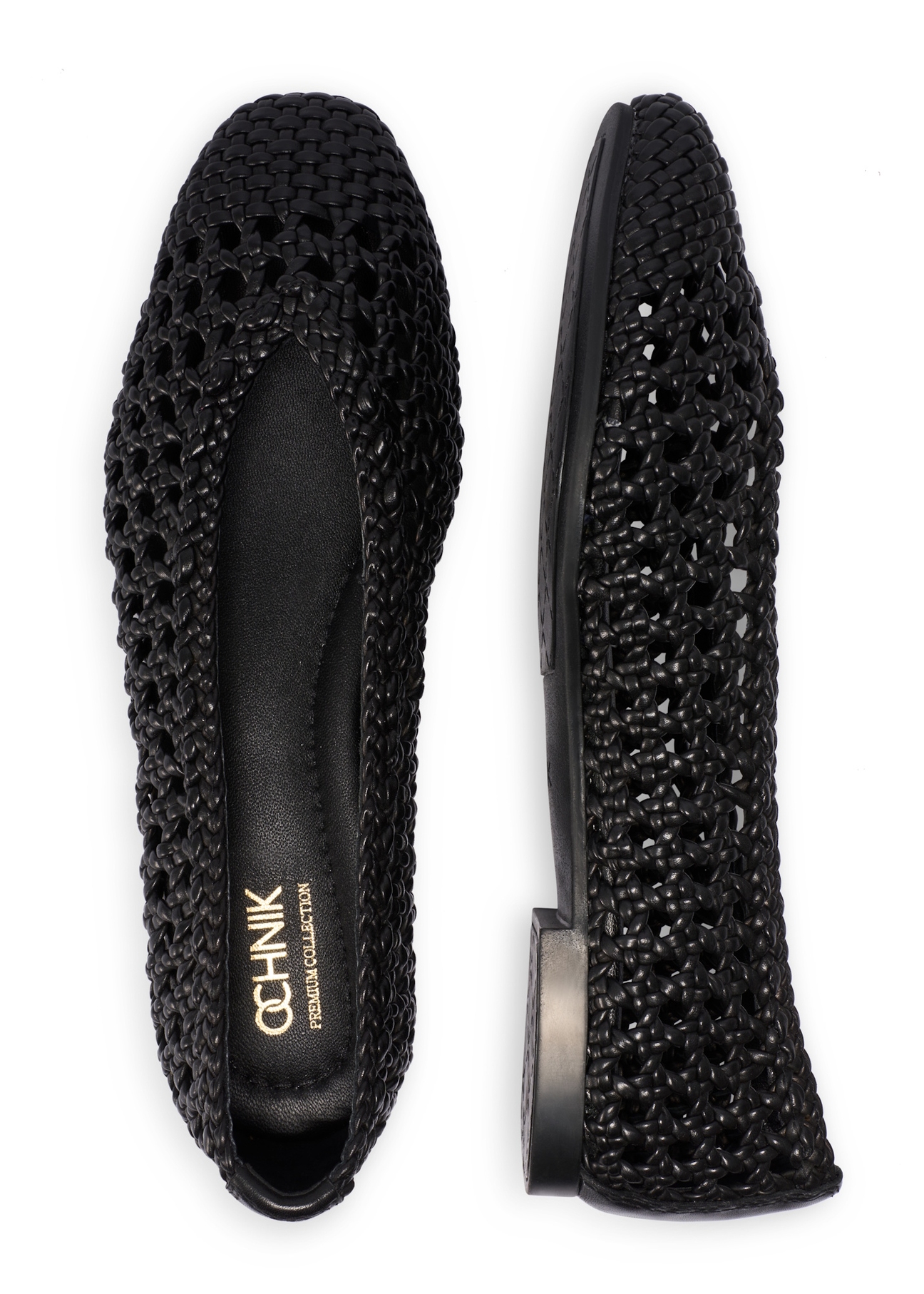 Women's black braided ballet flats BUTYD-1251-99(W26), product view from above on white background.