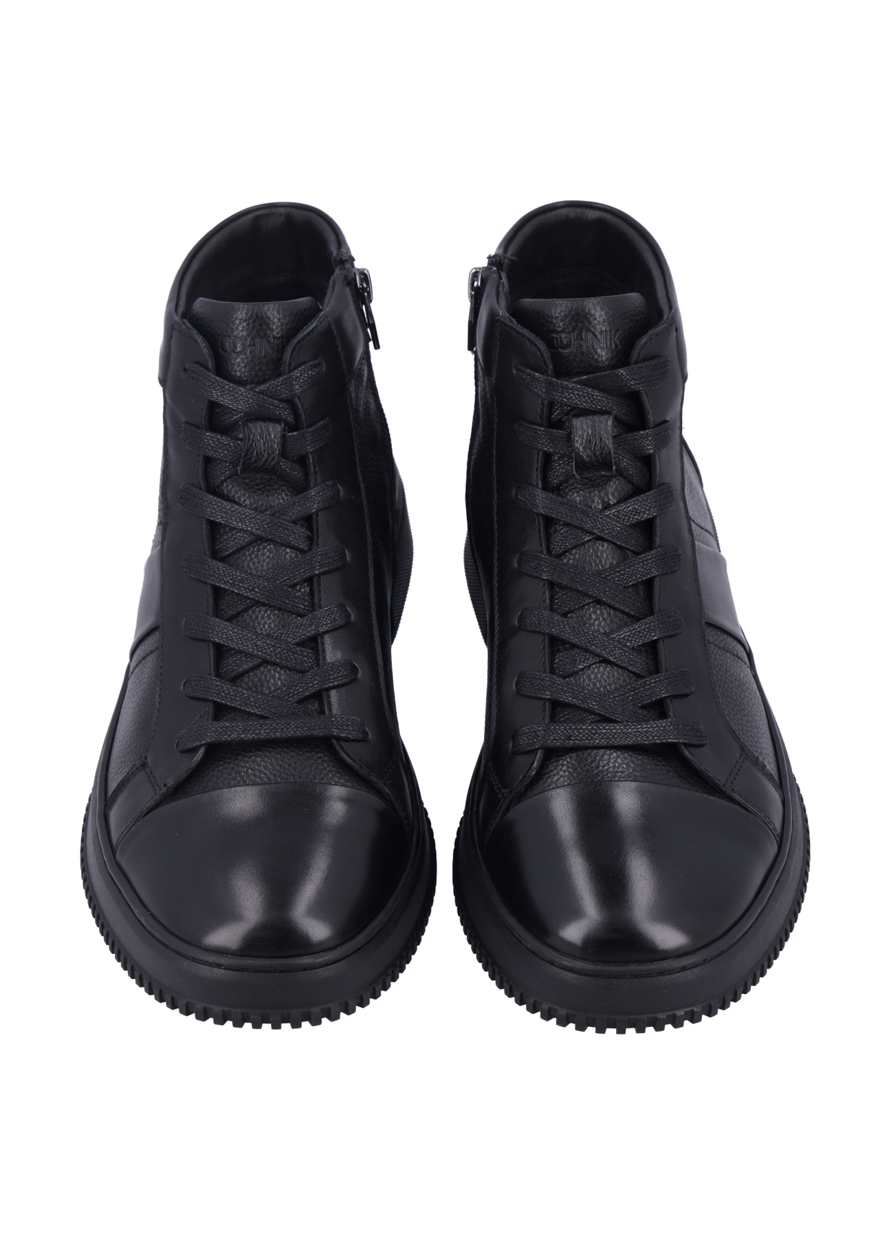 Black leather sports shoes BUTYM-0568-99(Z26), front product view on white background.