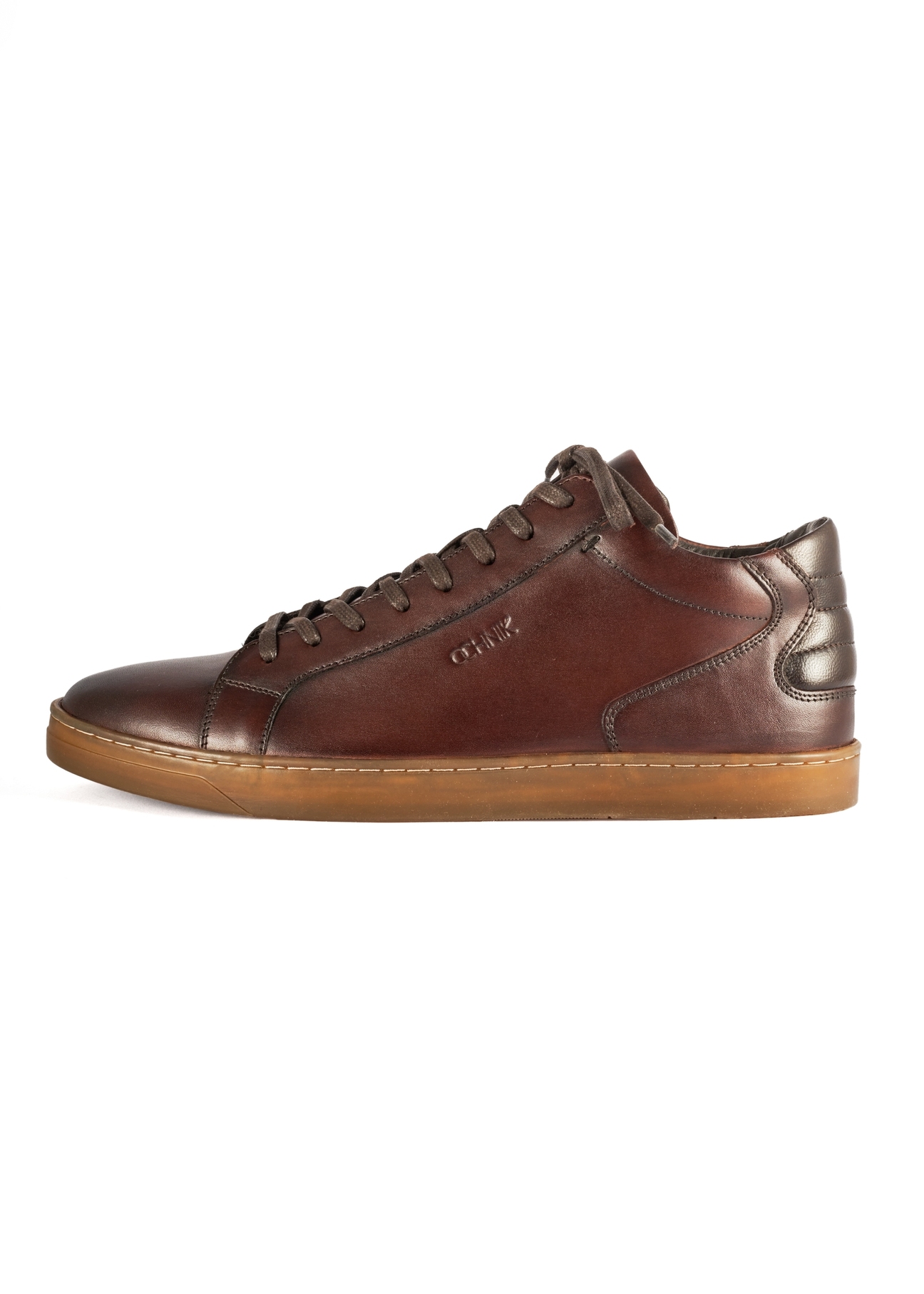 Brown leather men's sneakers BUTYM-0405B-89(Z25), product view from the side on a white background.-02