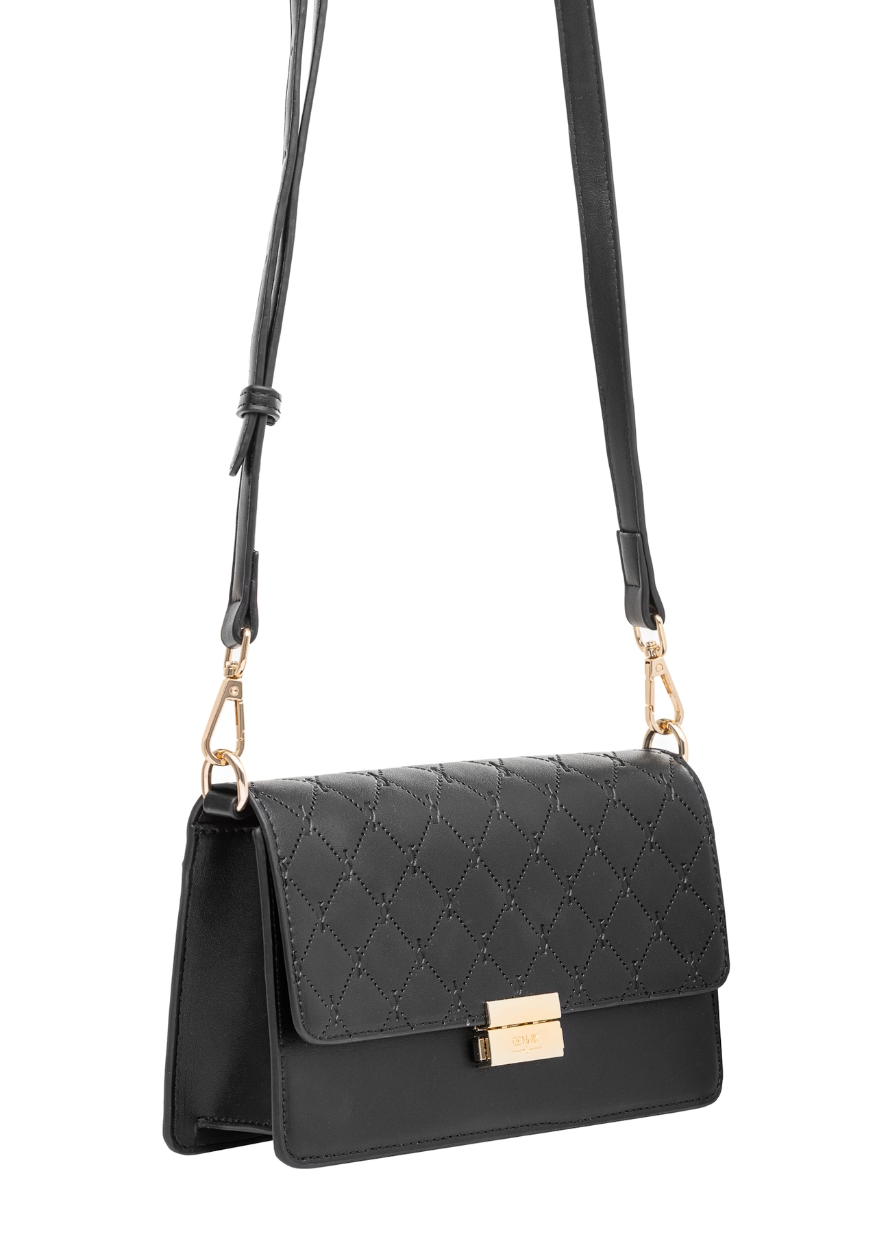 Black women's handbag with monogram TOREC-1046-98(Z25), visible product diagonally with a strap, photo on a white background.