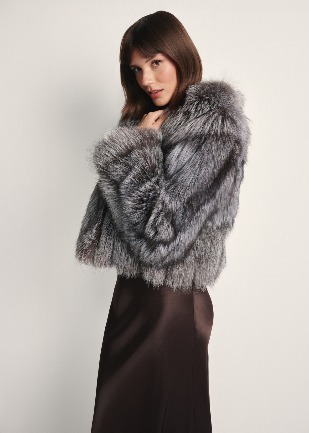 Women's natural fur coat in gray color FUTDF-0110-3179(Z25), product view from the side on a white background.