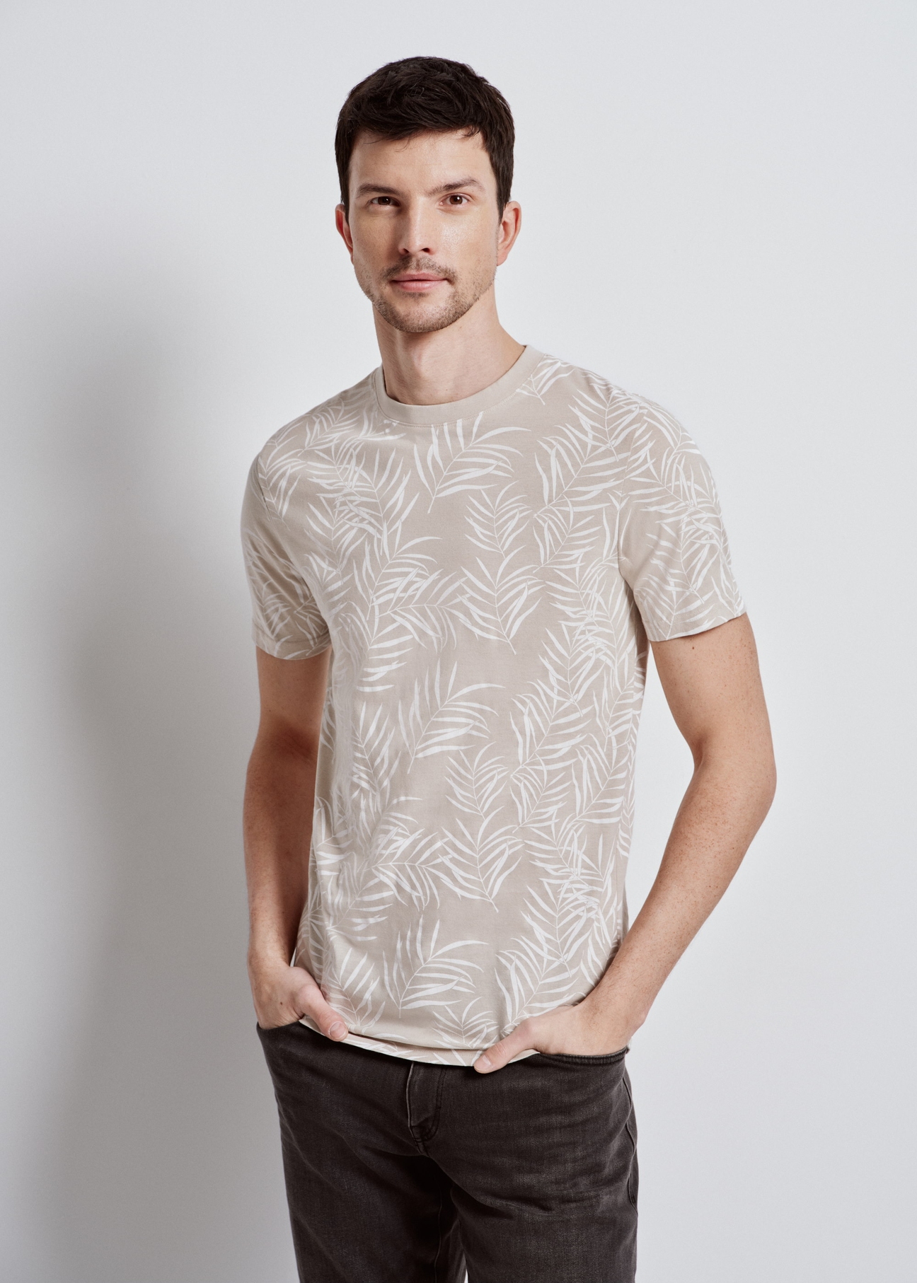 Men's beige print T-shirt TSHMT-0103-81(W24)-01