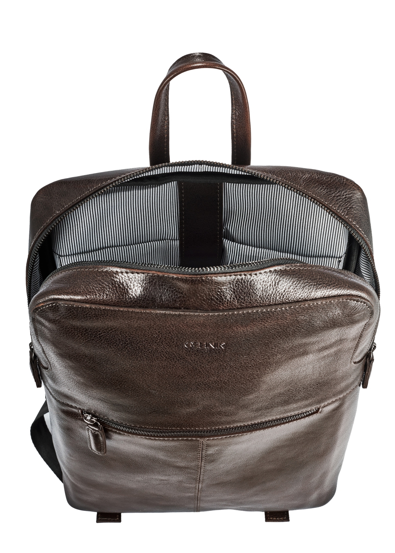 Men's brown leather backpack TORMS-0457-89(W25), product visible from the inside on a white background.