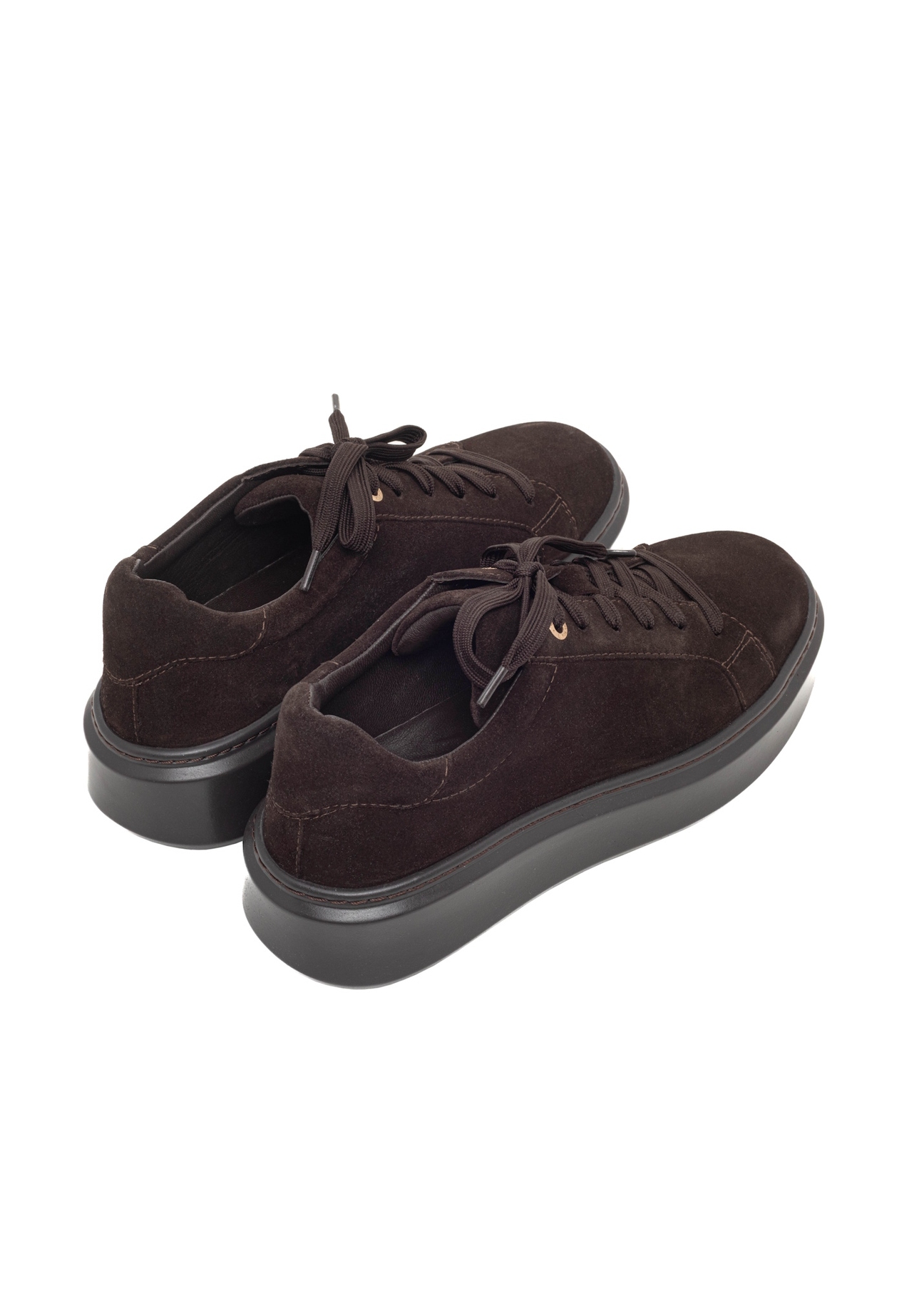 Women's suede shoes in dark brown color BUTYD-1284-1I(Z26), product view from the back on a light background.