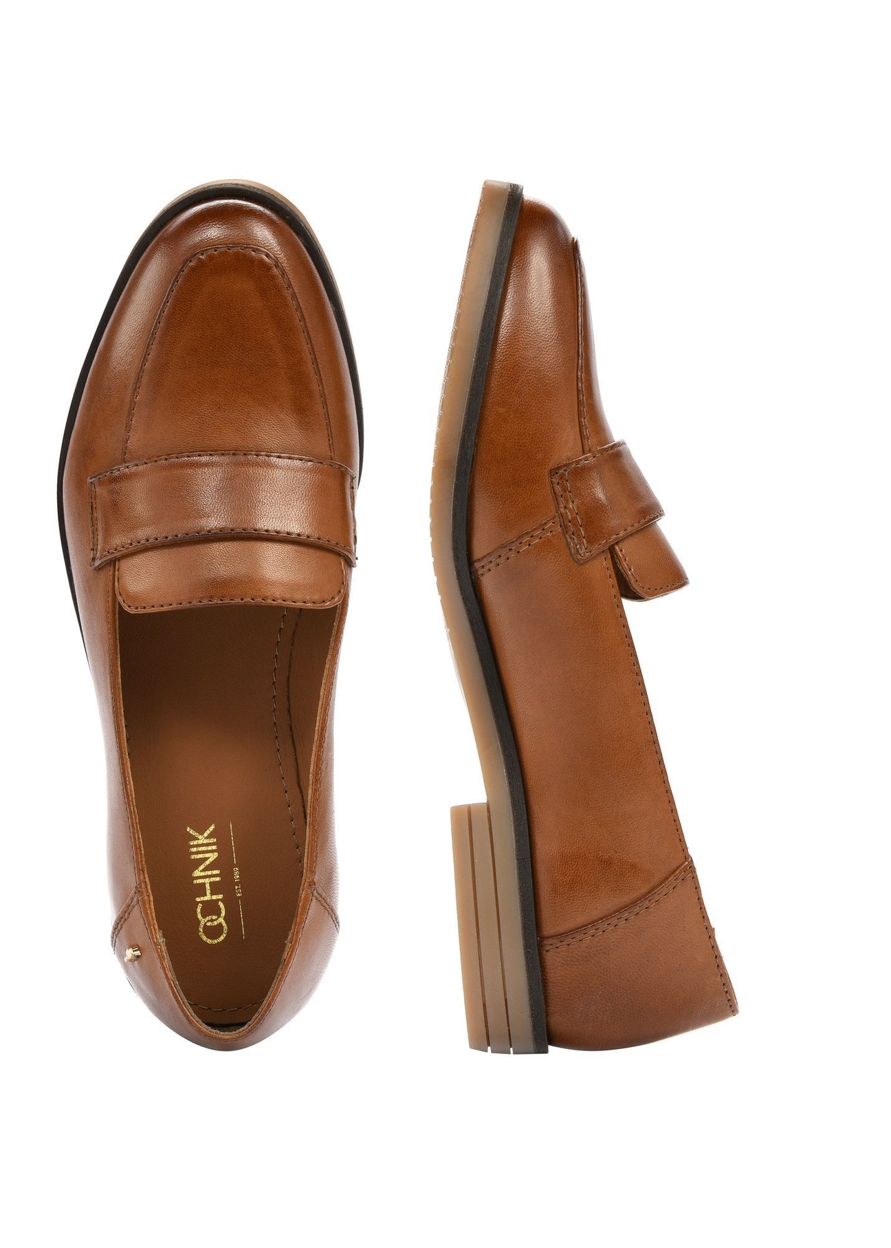 Women's leather moccasins in cognac color BUTYD-1067-1F(W26), product view from above on a white background.