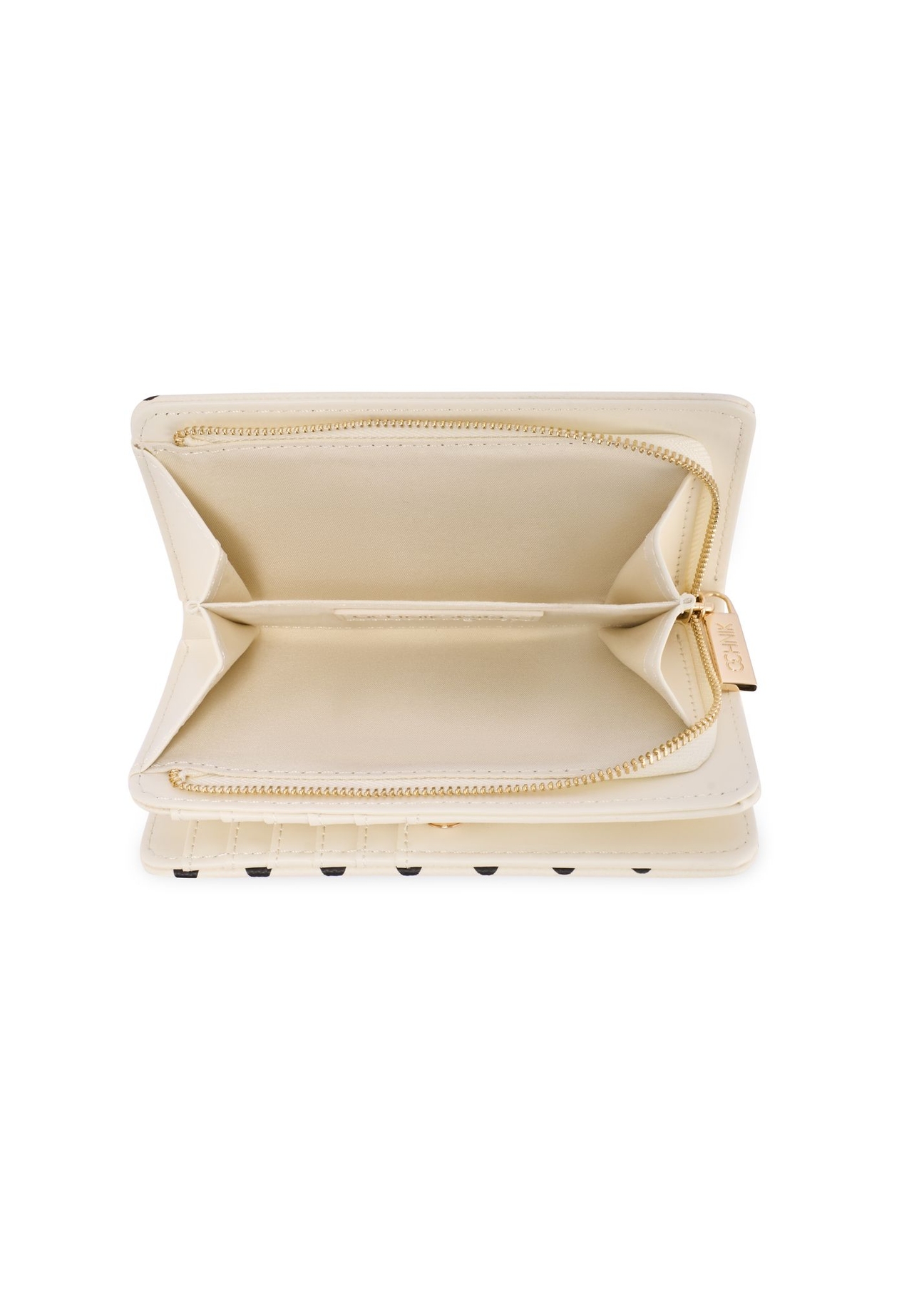 Beige polka dot women's wallet POREC-0362-0P(W26) - product view from above, on a white background.