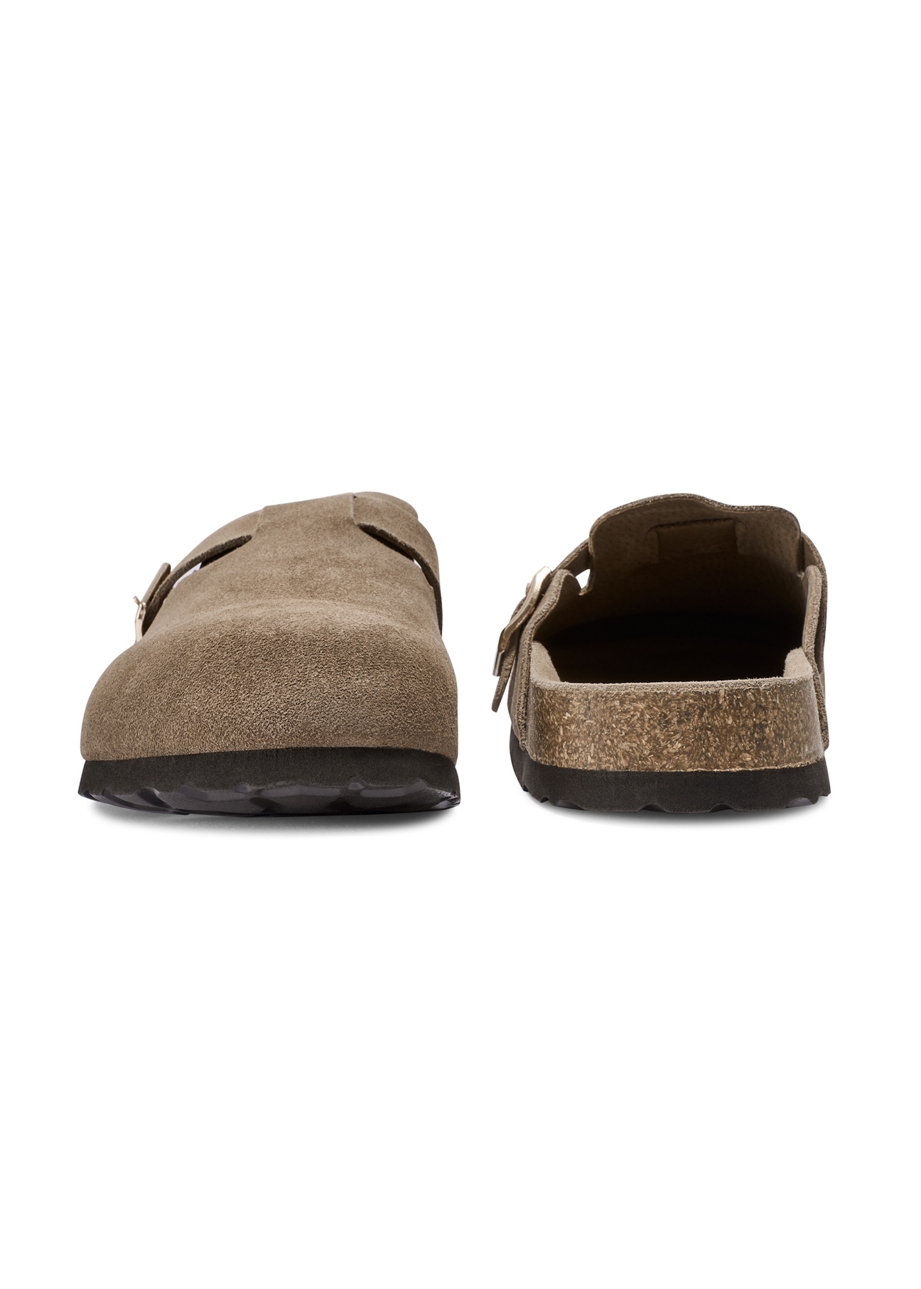Women's suede camel flip-flops BUTYD-1267-1K(W26), front and back product view on white background.