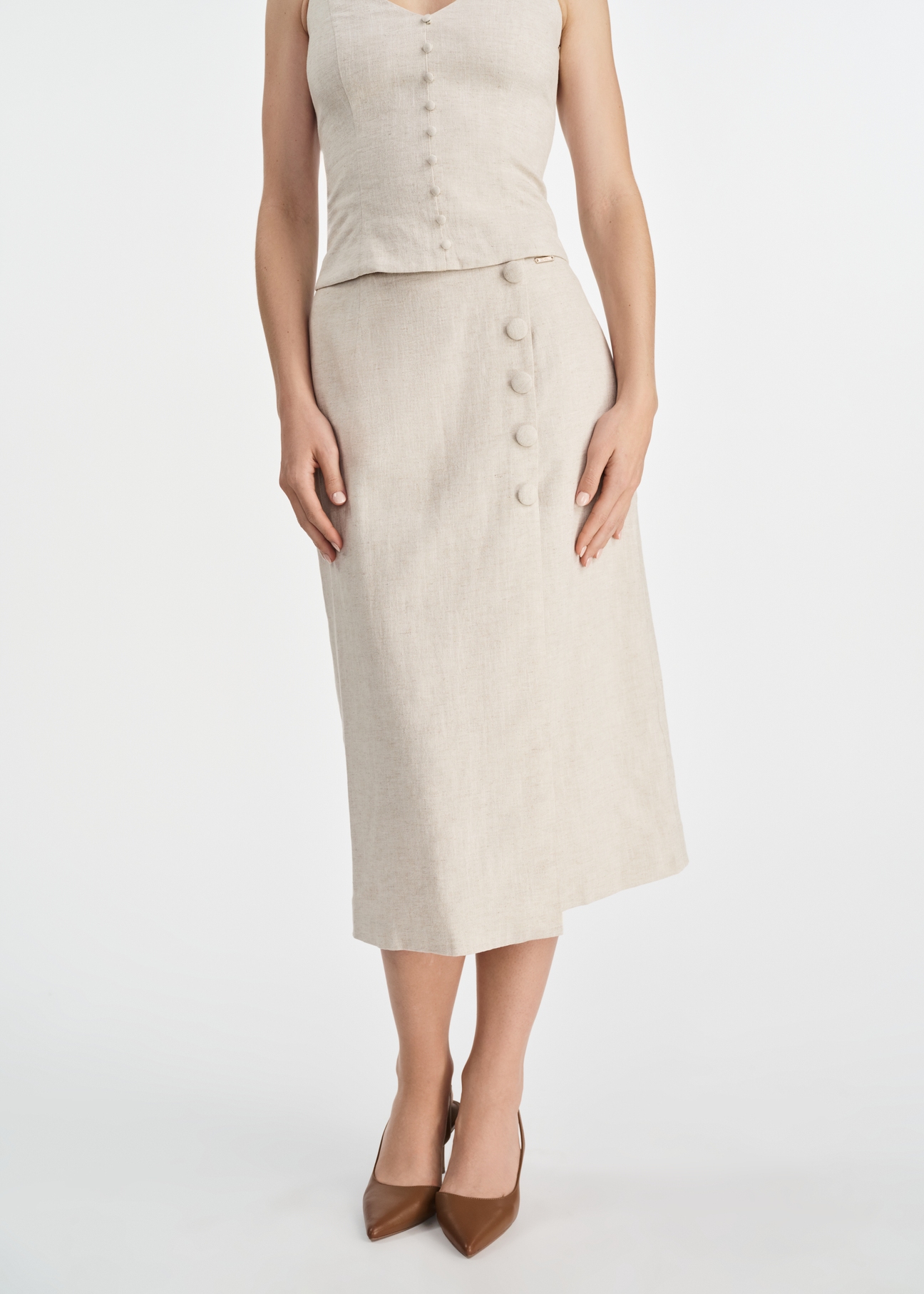 Beige linen midi skirt SPCDT-0108-81(W25)-02