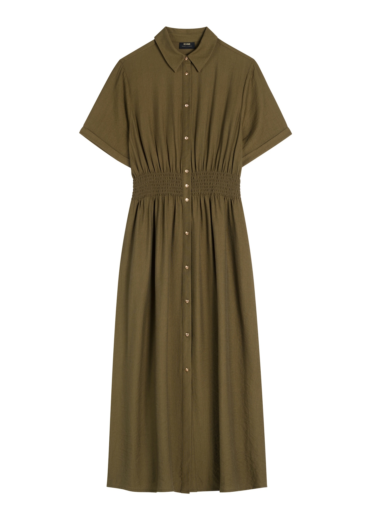 Khaki midi dress SUKDT-0257-8D(W26), front product view on white background.