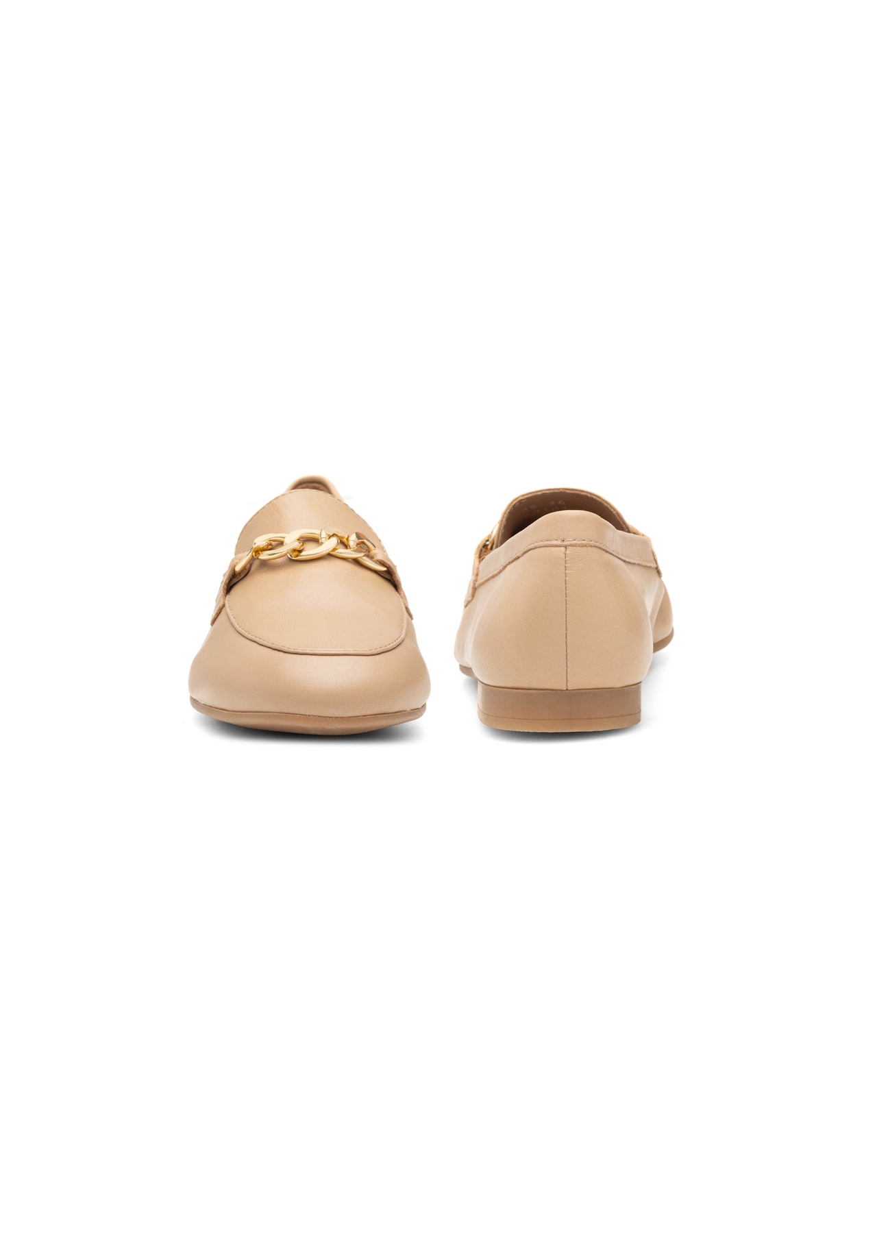 Women's dark beige leather moccasins with chain BUTYD-0914A-1B(W26), front and back product view on white background.