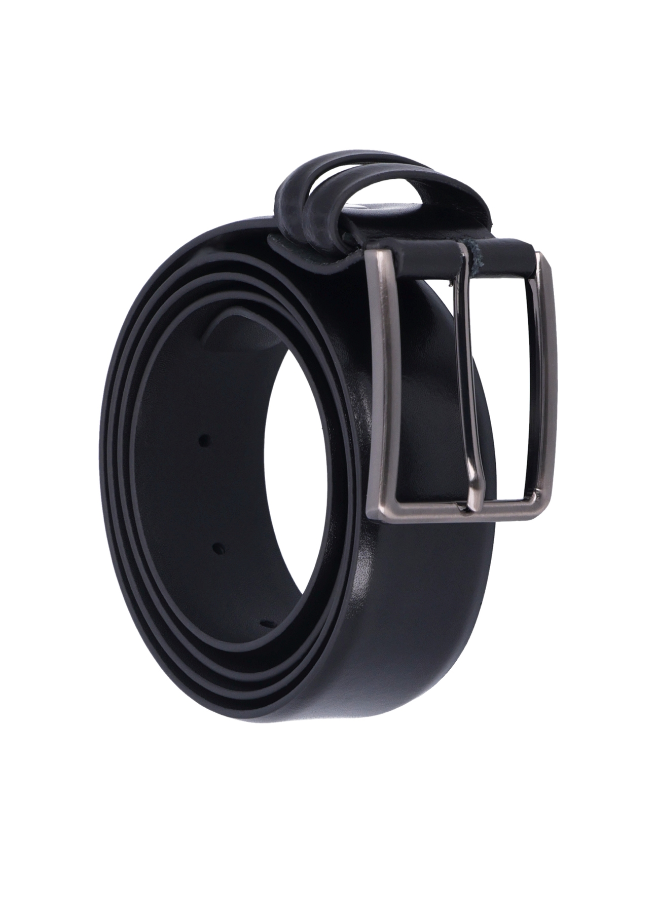 Black men's leather belt PASMS-0284-99(Z26), diagonal product view on white background.