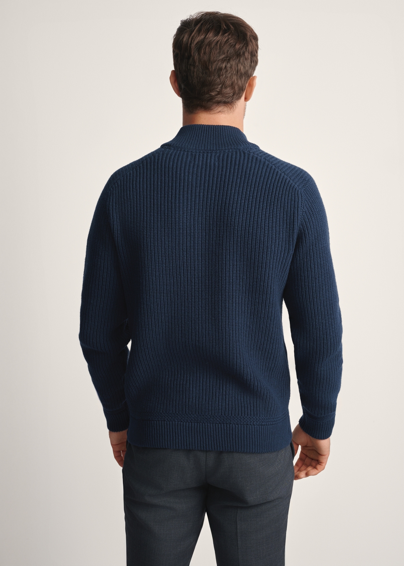 Men's navy blue stand-up collar sweater SWEMT-0168-68(Z25) - back view of the product modeled on a white background. Half of the silhouette visible.