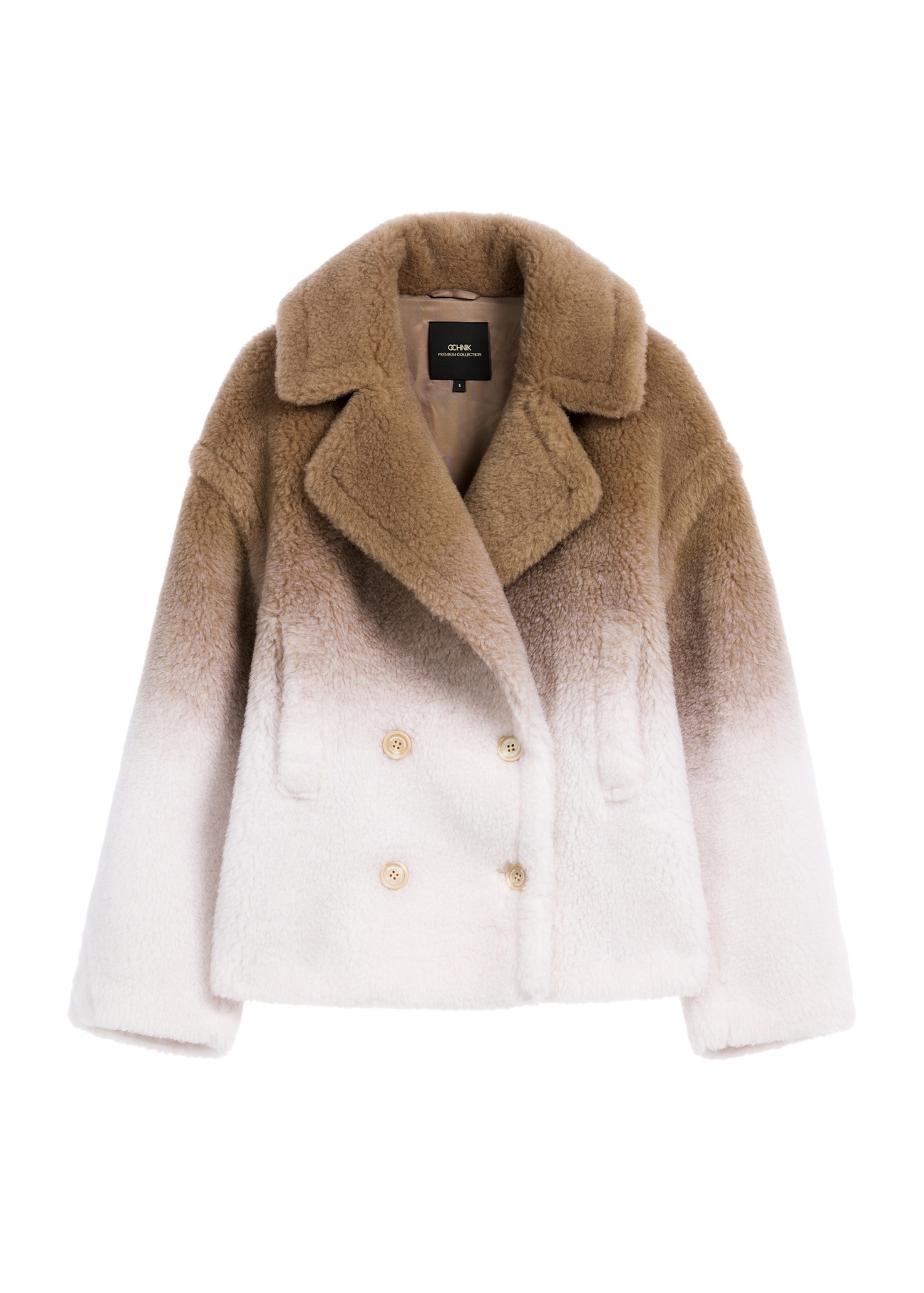 Women's woolen fur coat in beige color FUTDW-0036-81(Z25) - front view of the product on a white background.