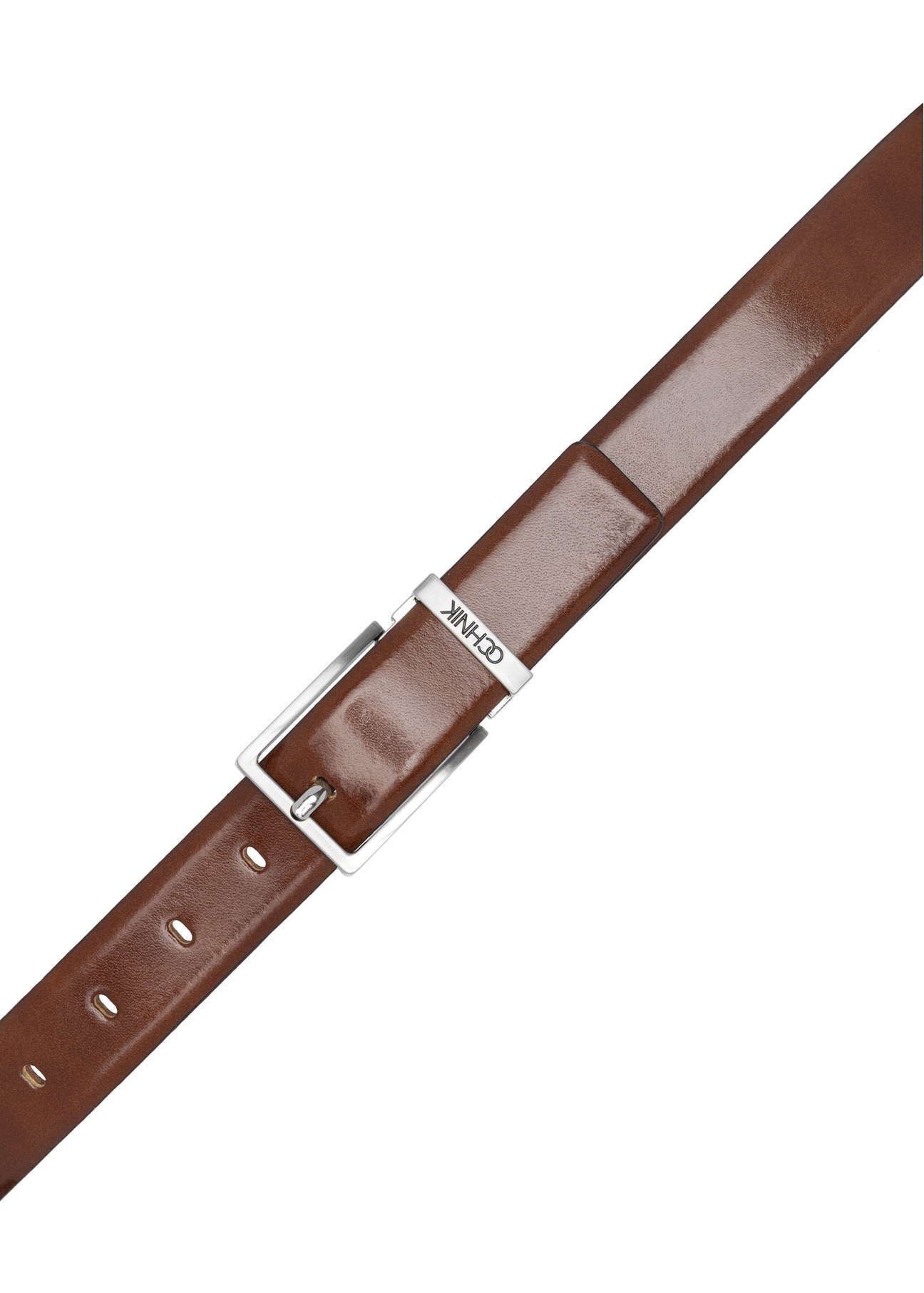Men's cognac leather belt PASMS-0263-1F(W26), top view of the product on a white background.