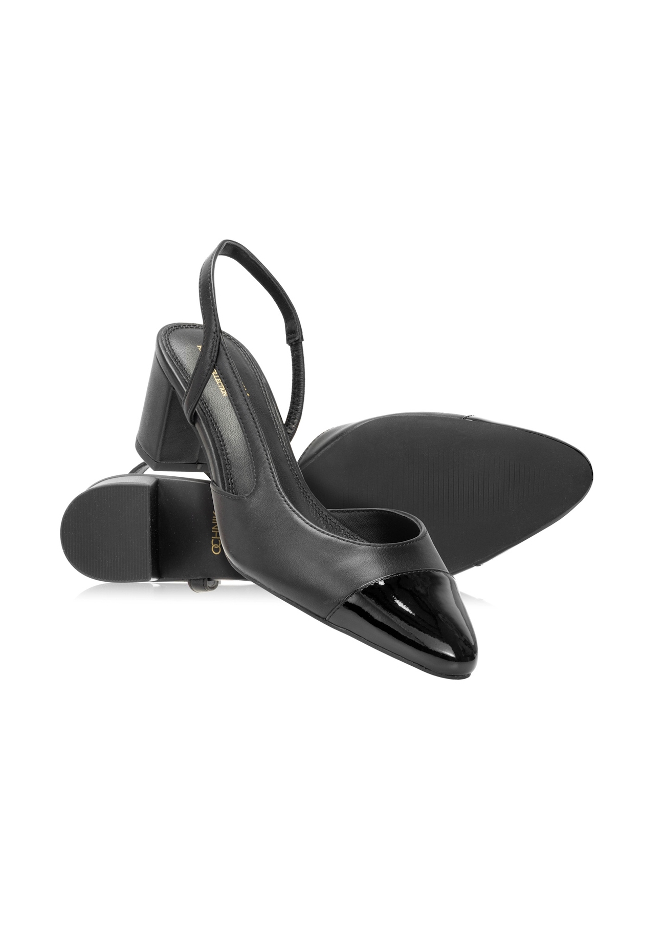 Black leather pumps with open heel BUTYD-1173-99(W26), diagonal product view on white background.