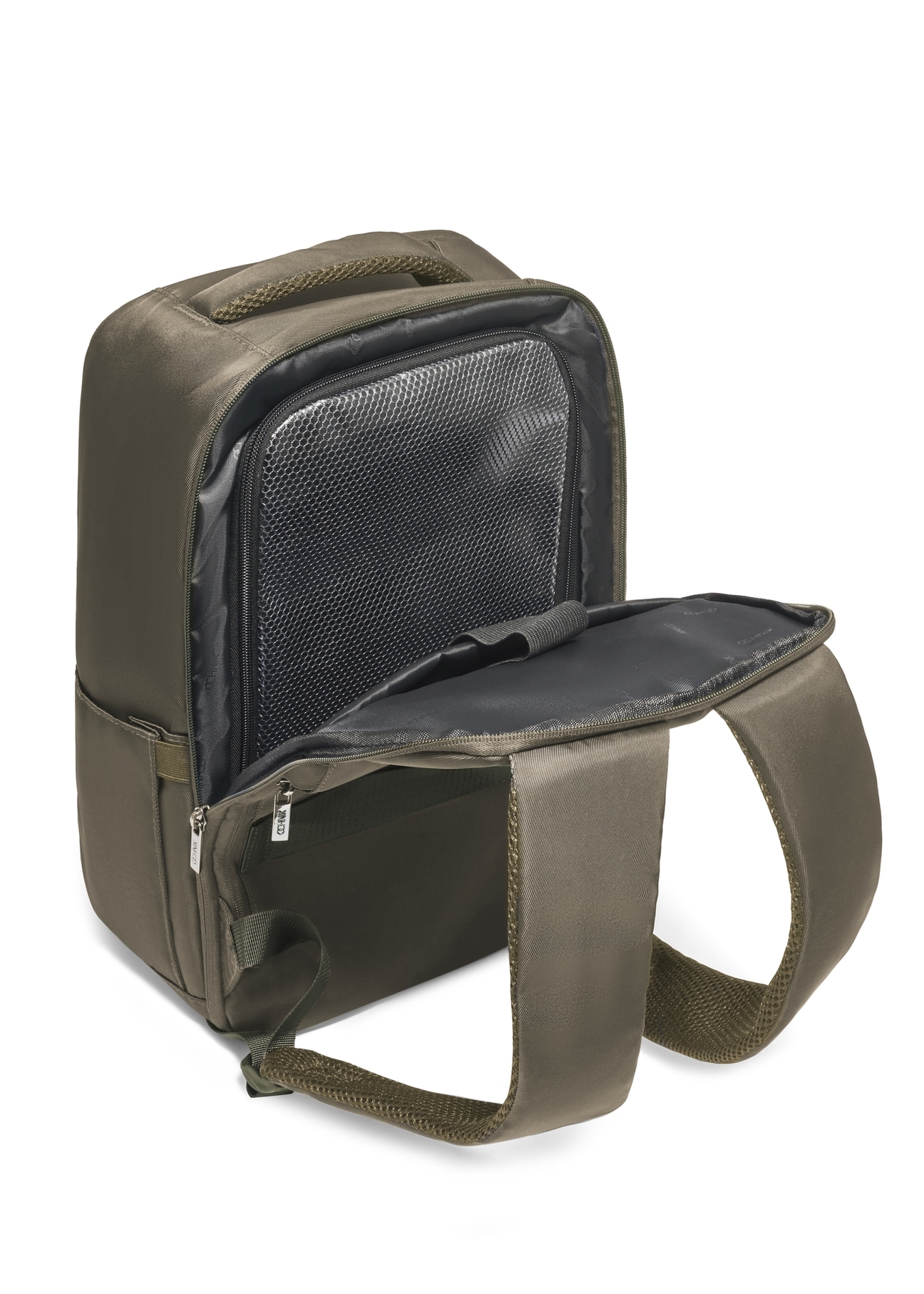 Khaki PLCMN-0014-8D(Z26) airplane backpack. Back view, diagonally open, on a white background.