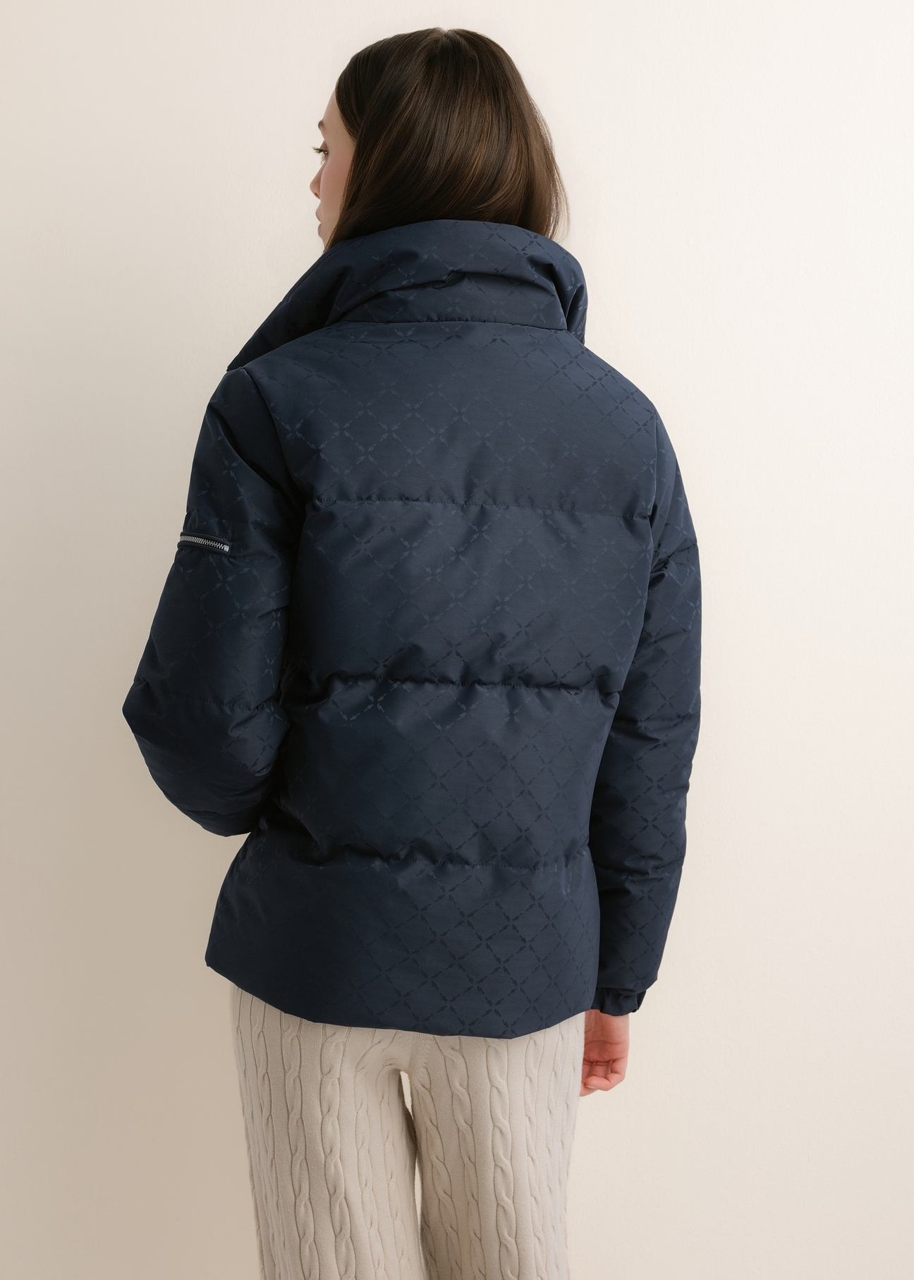 Women's navy blue monogram-print jacket with a stand-up collar (KURDT-0694-7E(Z26)); rear view on a model, showing half of the figure.