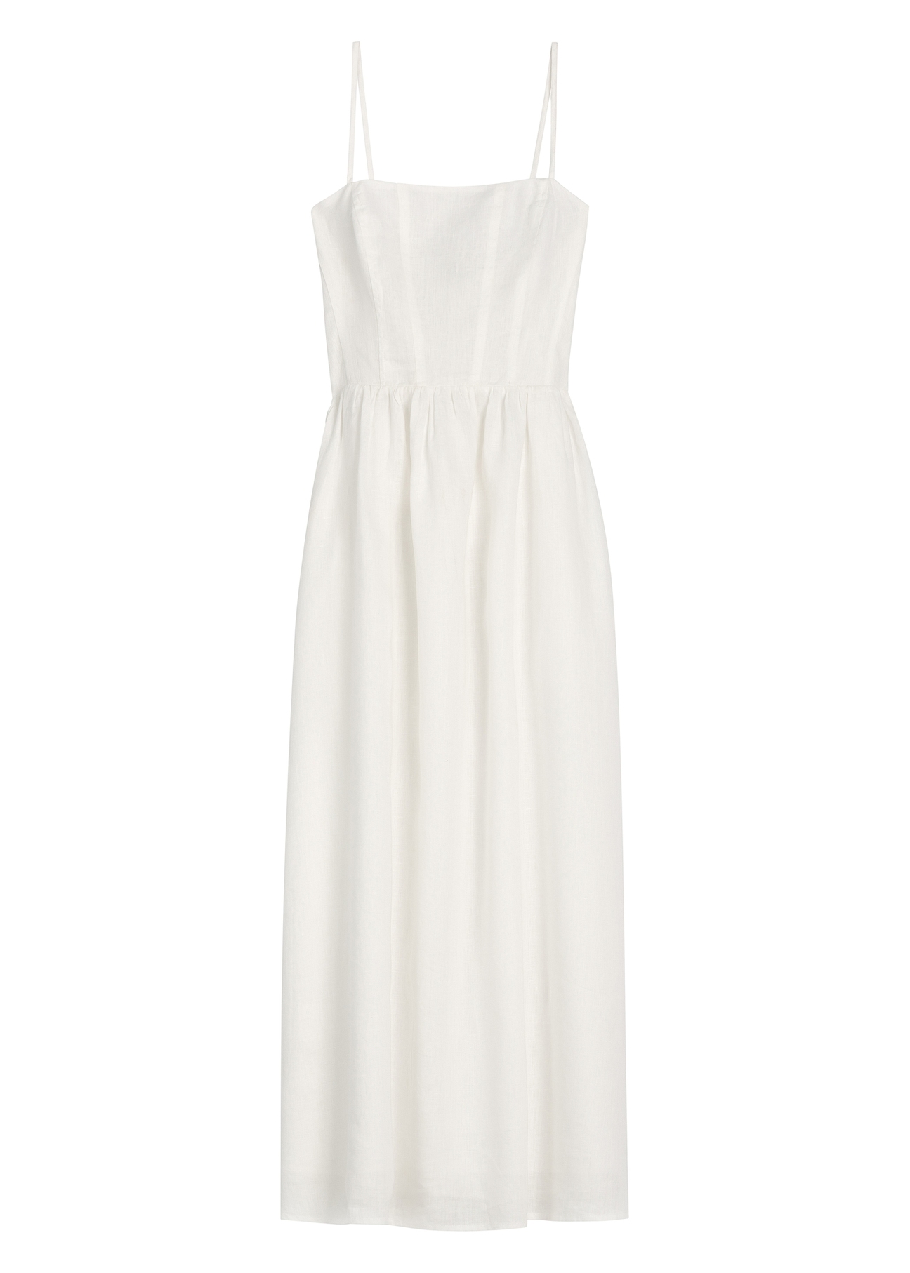 Linen white midi dress with straps SUKDT-0279-0B(W26), front product view on white background.