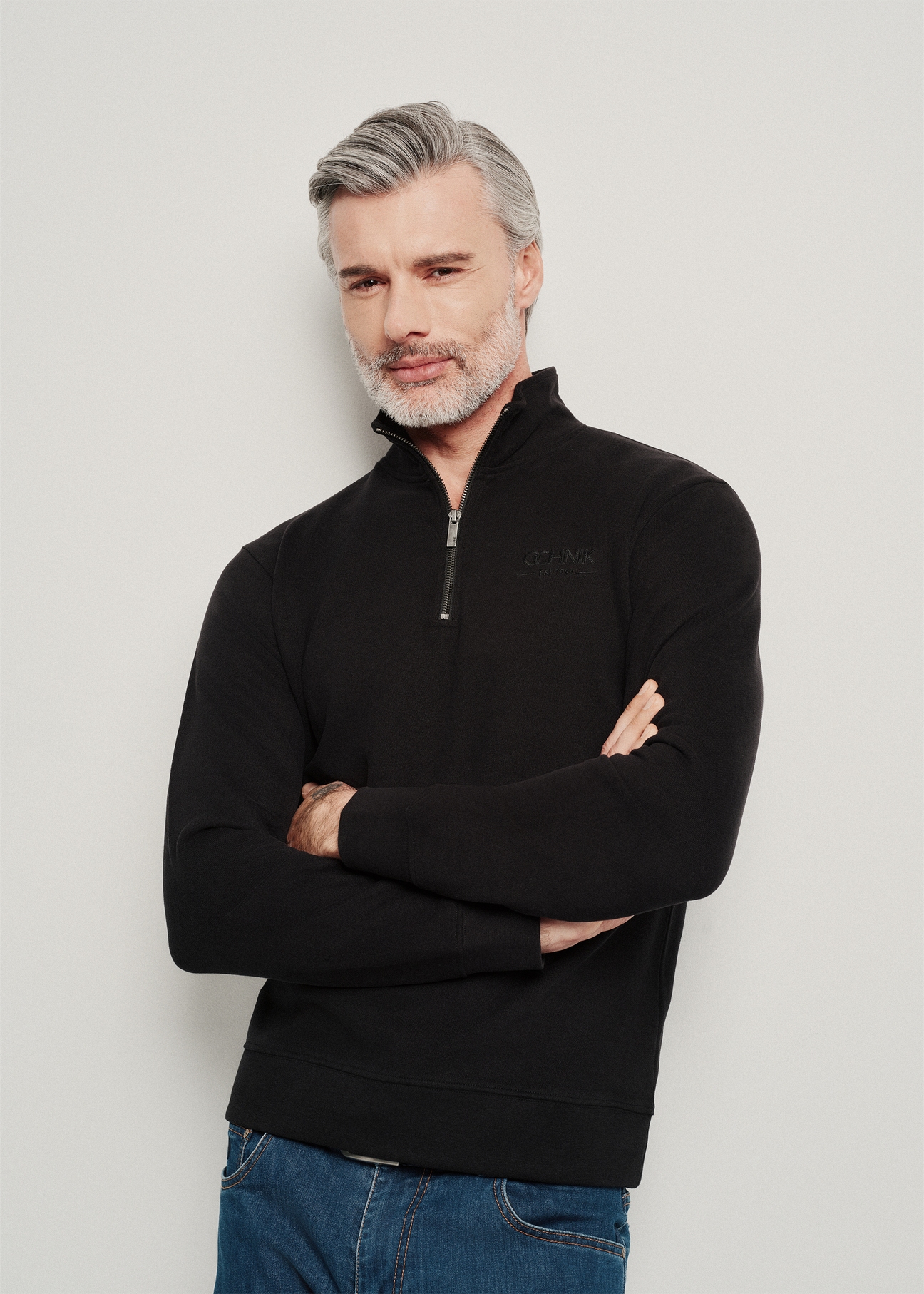 Men's black cotton hoodless sweatshirt BLZMT-0062-99(W24)-03