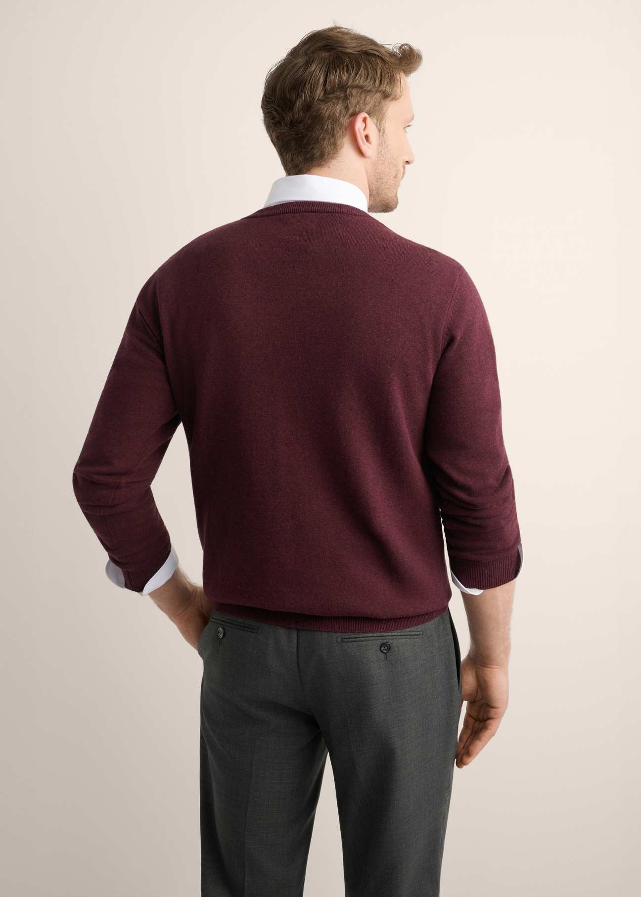 Men's burgundy cotton sweater SWEMT-0114A-4D(Z26), back view of the product on the model. Half of the silhouette visible.