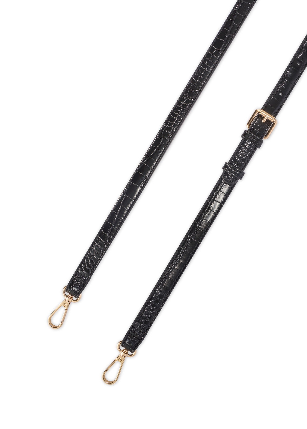 Small black women's croco messenger bag TOREC-1185-9G(W26), view of the product strap on a white background.