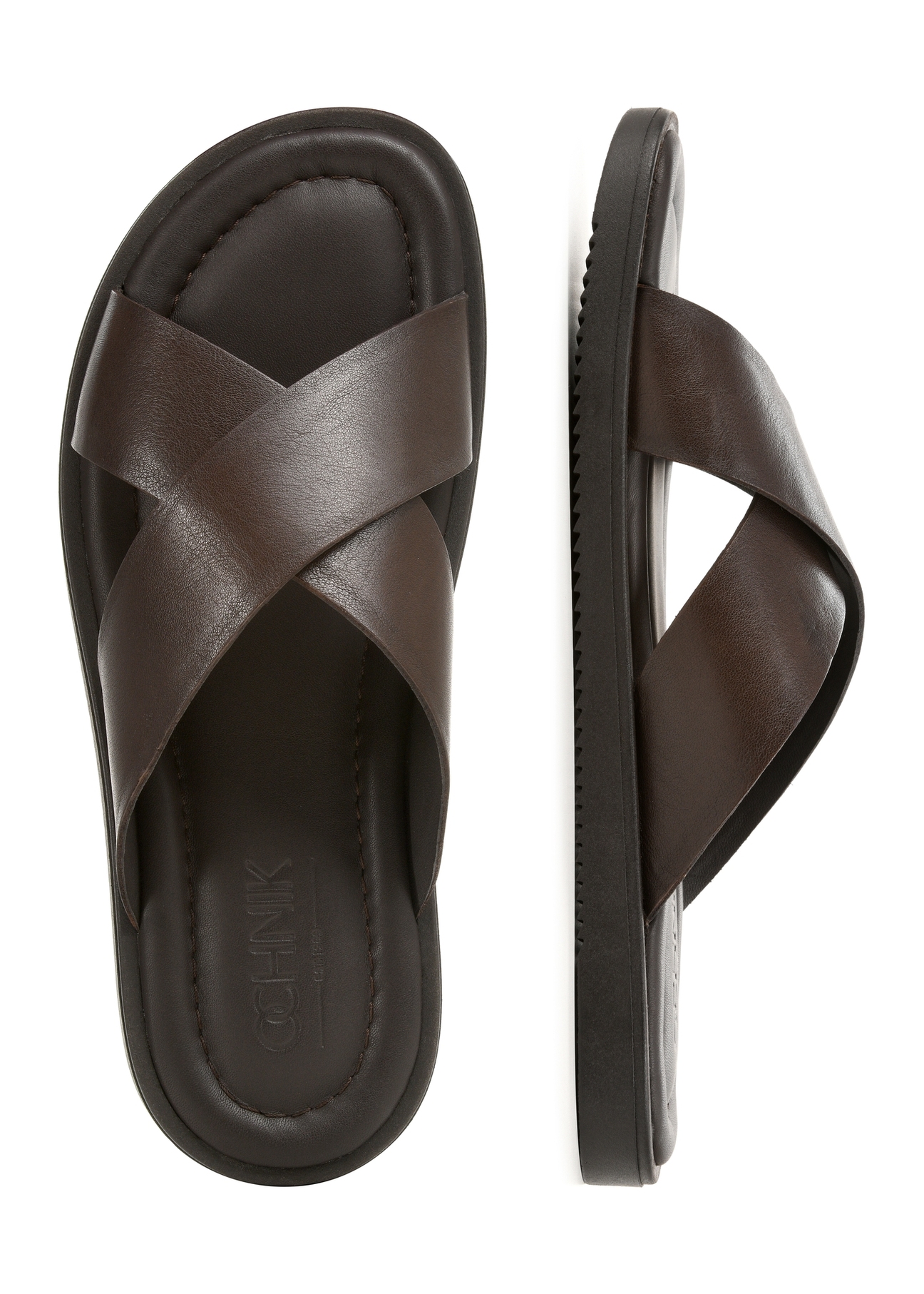 Dark brown leather men's flip-flops BUTYM-0536-1I(W26), product view from above on white background.