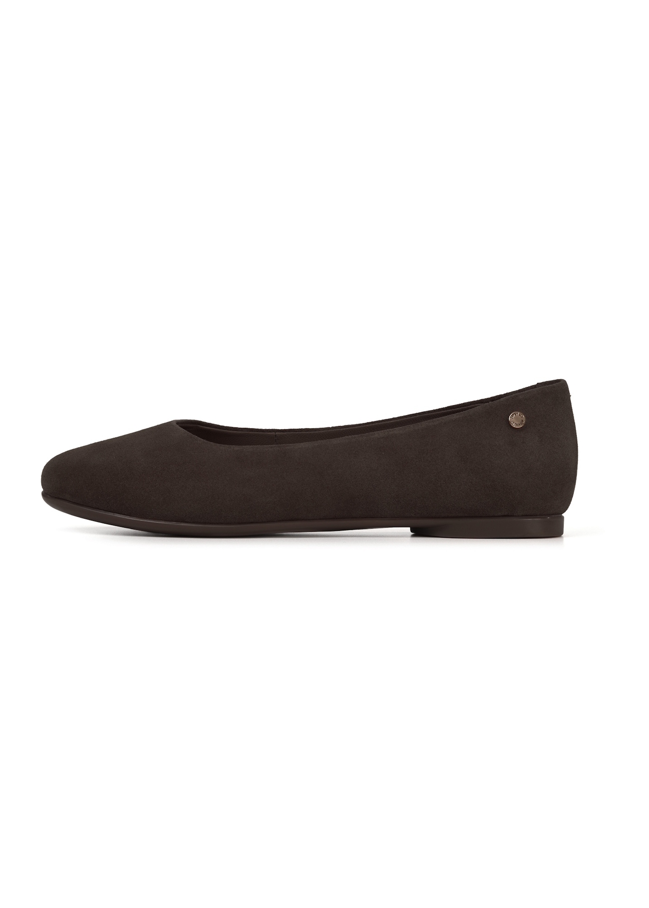 Women's suede ballet flats in brown color BUTYD-1247-1I(W26), side view of the product on a white background.