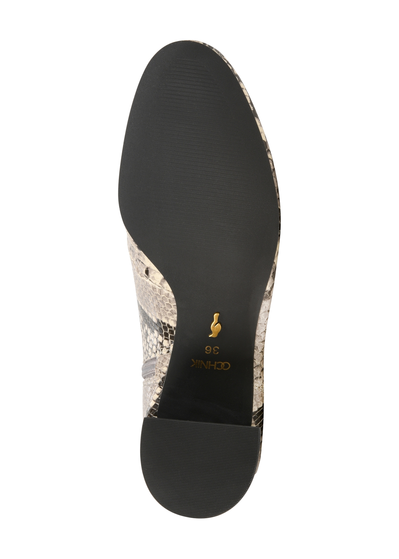Leather high-heeled ankle boots with snakeskin motif BUTYD-1218-86(Z25), product view from below on a white background.
