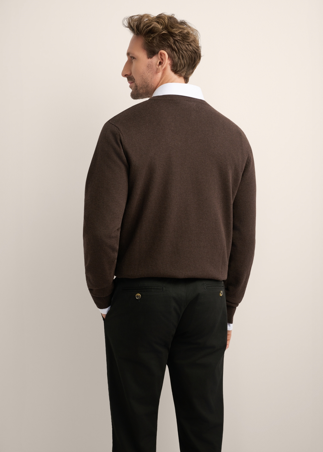 Men's brown cotton sweater SWEMT-0114A-1I(Z26), back view of the product on the model. Half of the silhouette visible.