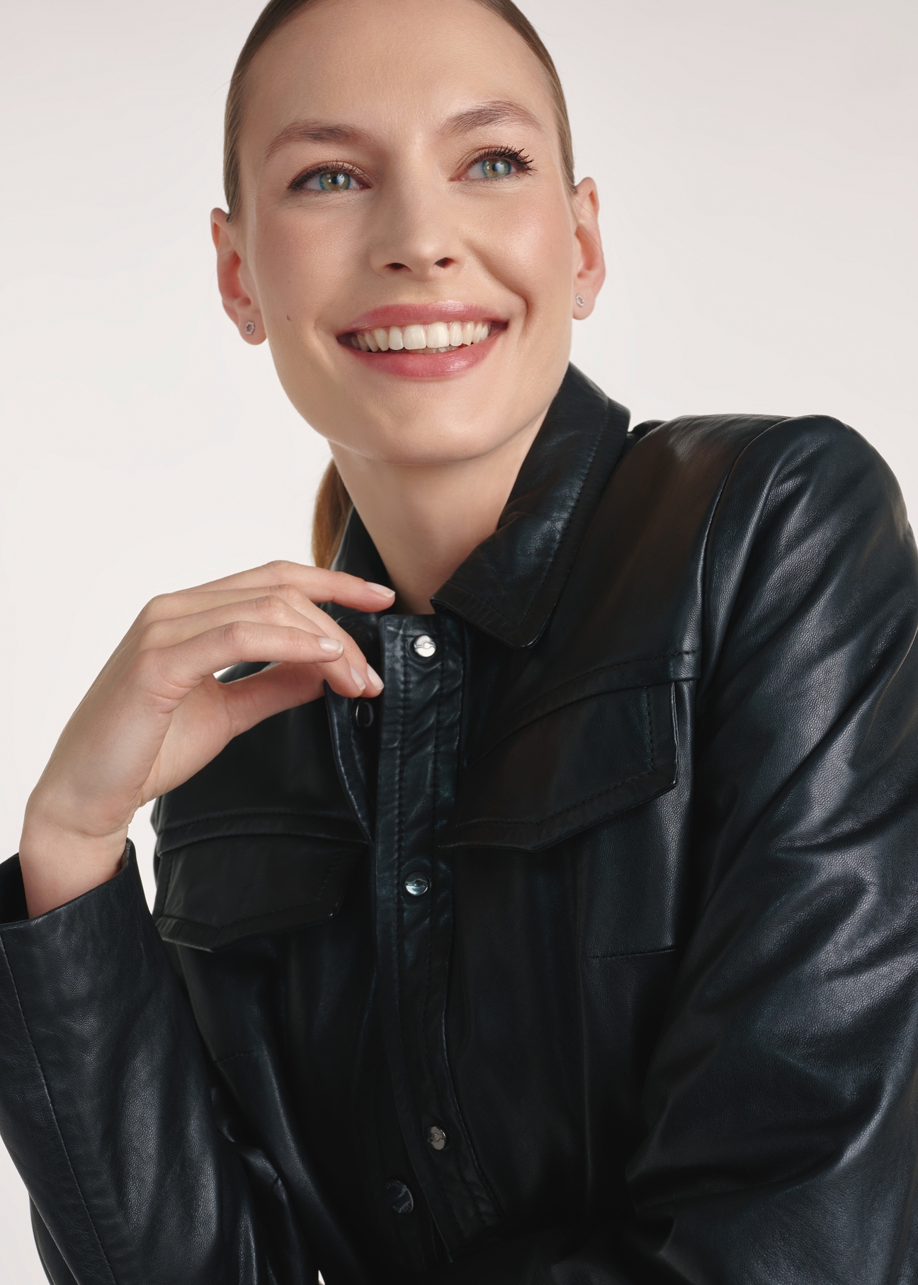Black women's leather jacket KURDS-0548-2874(Z25), close-up of the product, view on the model.-02