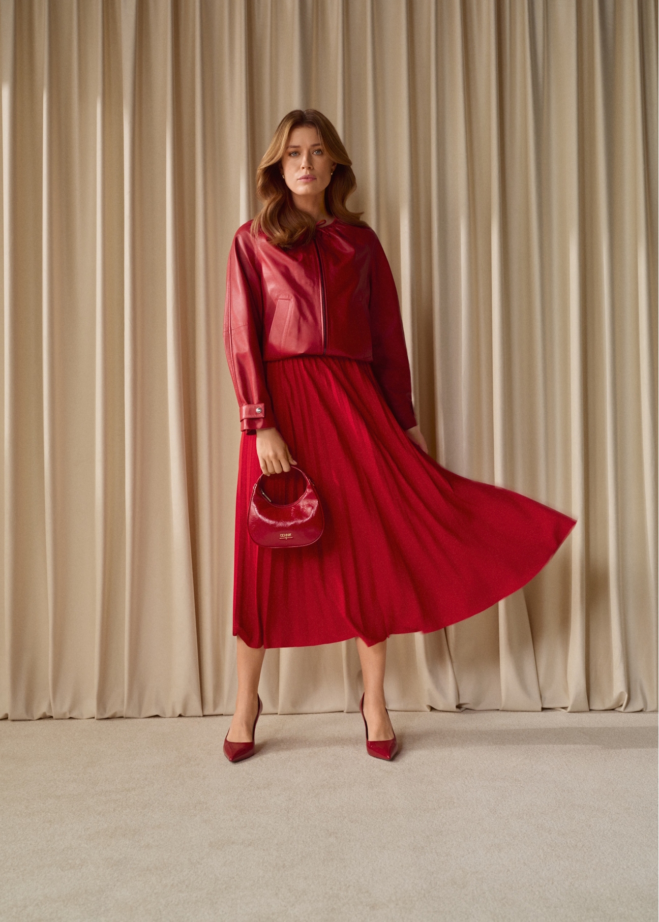 Red pleated midi skirt SPCDT-0096-4B(W26)