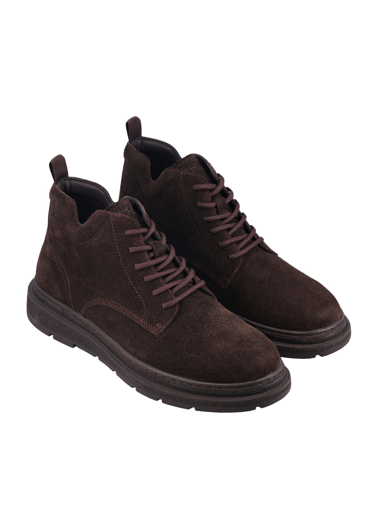 Dark brown suede men's ankle boots BUTYM-0577-1I(Z26), diagonal product view on white background.