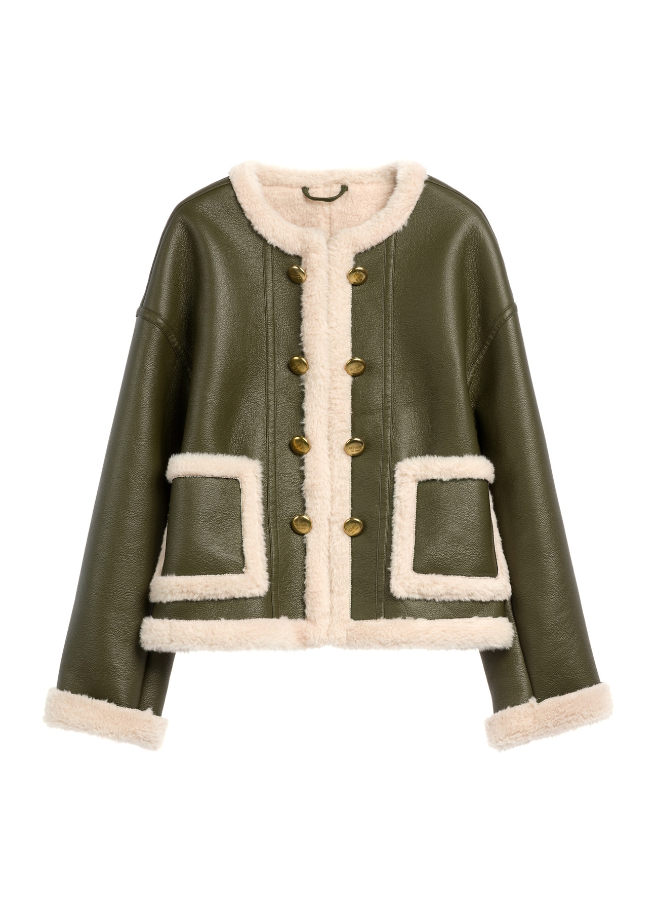 Women's short sheepskin coat in khaki color KOZDP-0015-8D(Z26), front product view on a white background.