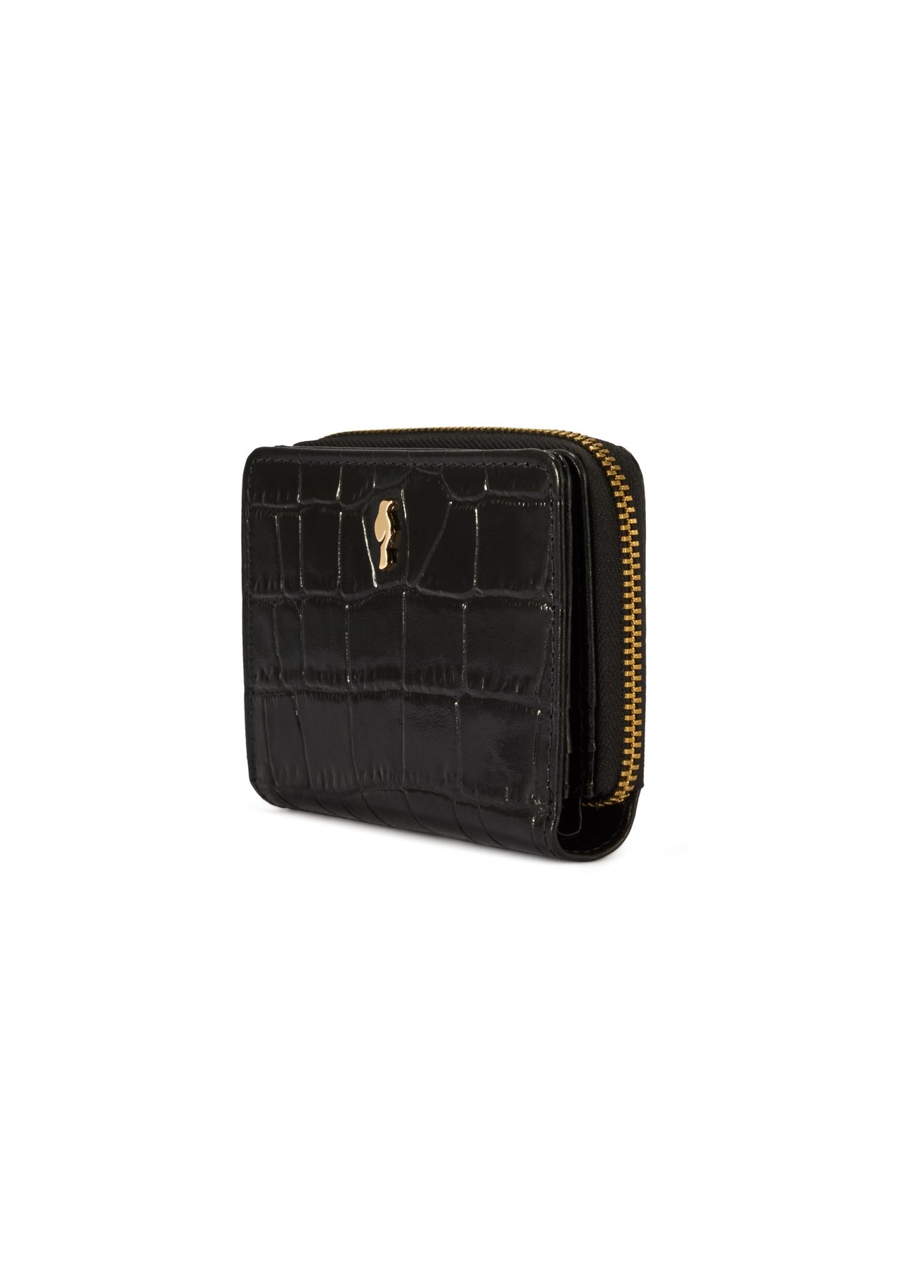 Black women's croco wallet PORES-0888-9G(W26), diagonal product view on white background.