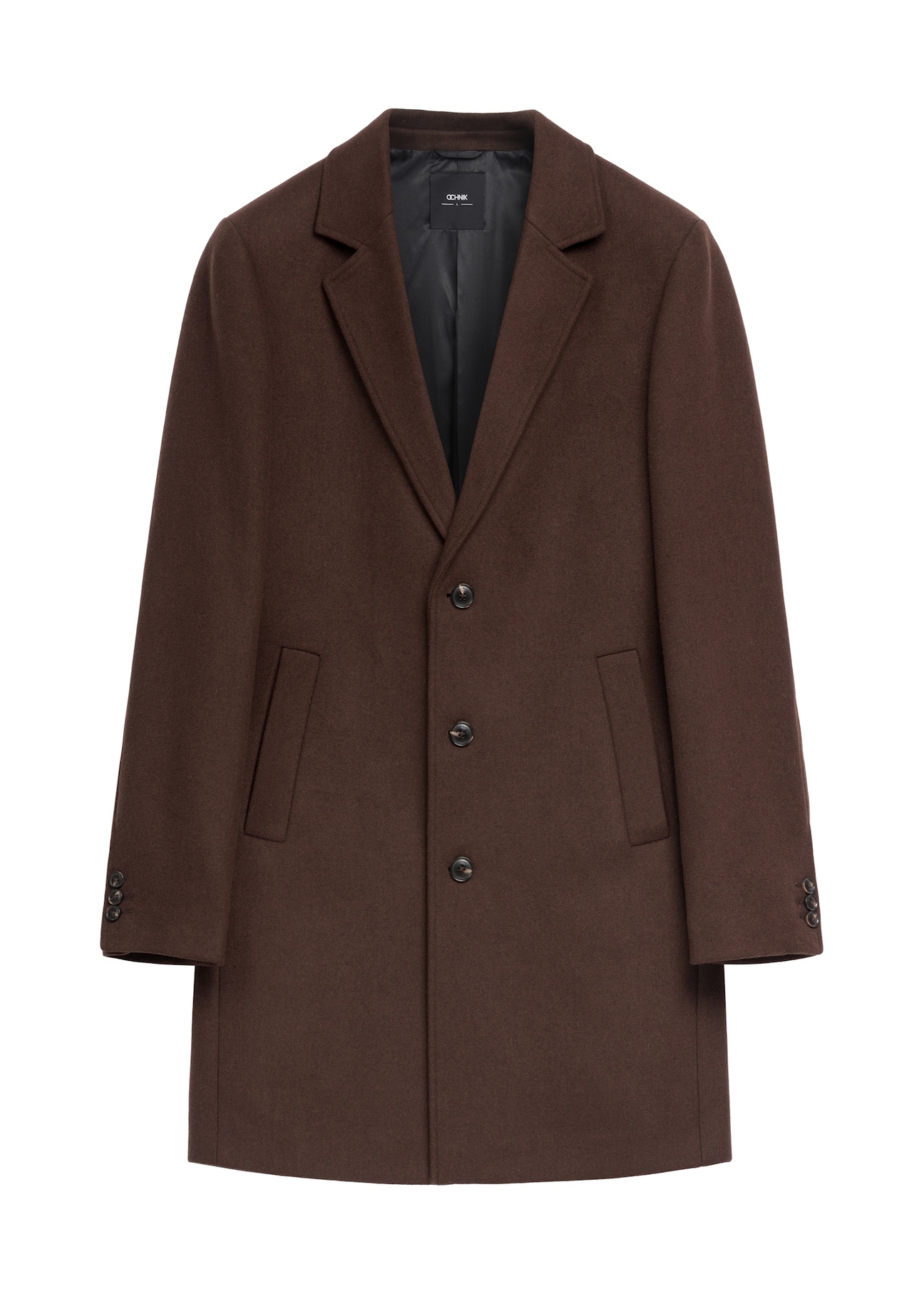 Men's brown wool coat PLAMT-0006-1I(Z26), front product view on white background.