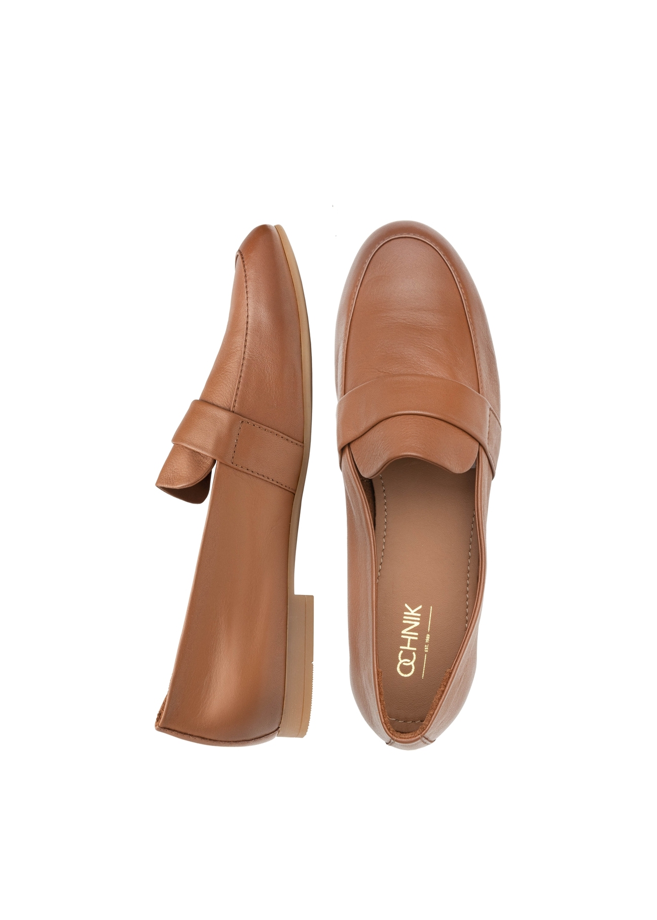 Women's leather moccasins in cognac color BUTYD-1074A-1F(W26), product view from above on a white background.