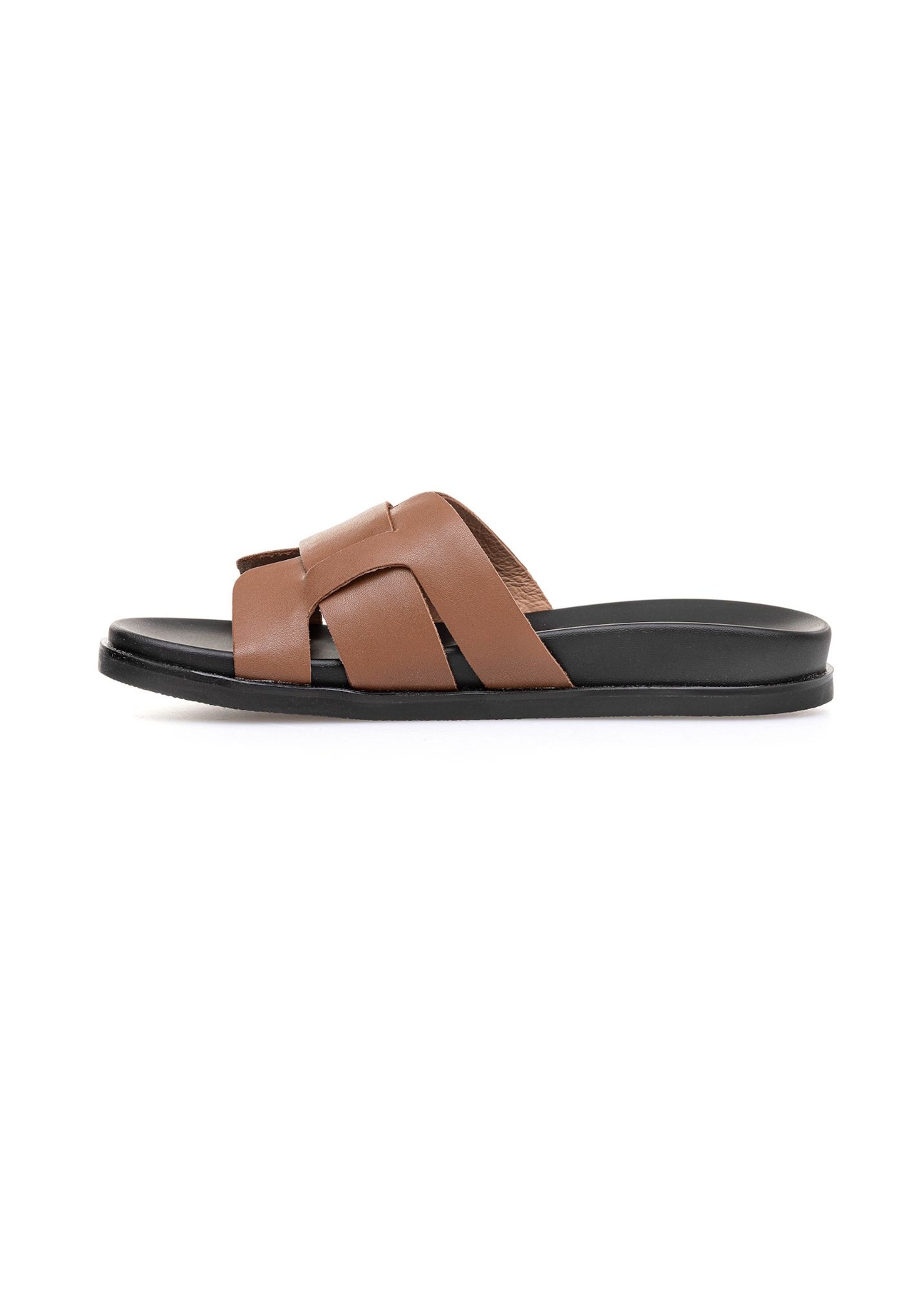 Women's camel leather slides BUTYD-1163-1D(W26), side product view on white background.