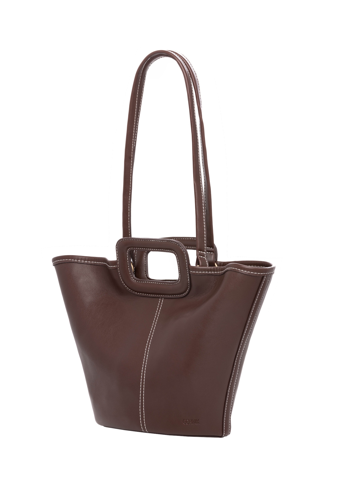 Dark brown women's handbag with stitching TOREC-1213-1H(W26), diagonal product view on a white background.