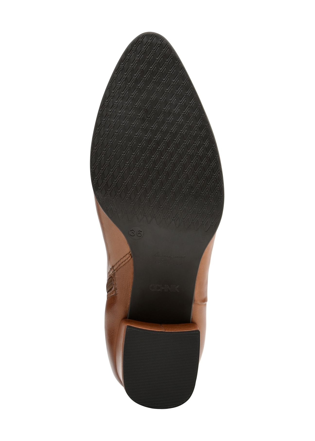 Women's leather ankle boots in cognac color BUTYD-1186-87(Z25), product view from below on a white background.
